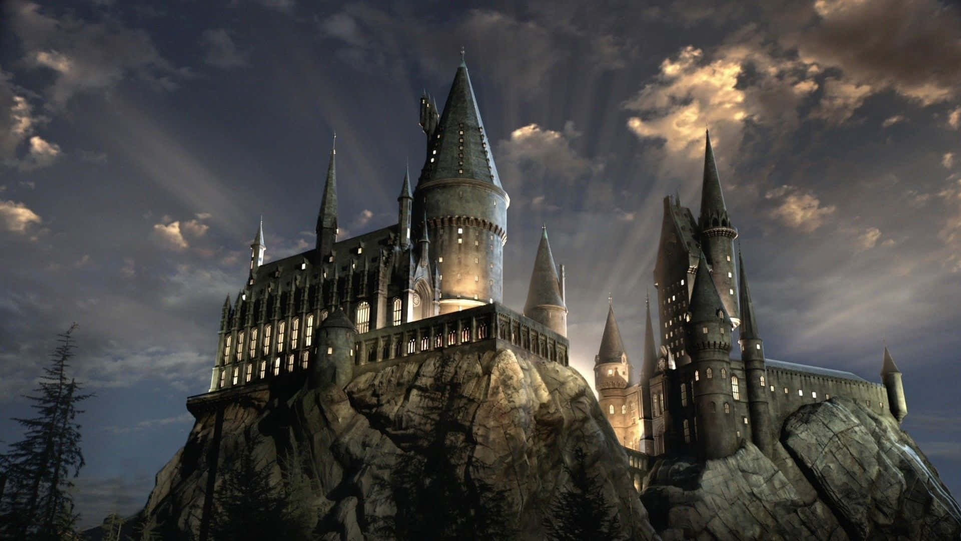 Hogwarts, gothic castle, rocky cliff, Full HD Desktop Wallpaper