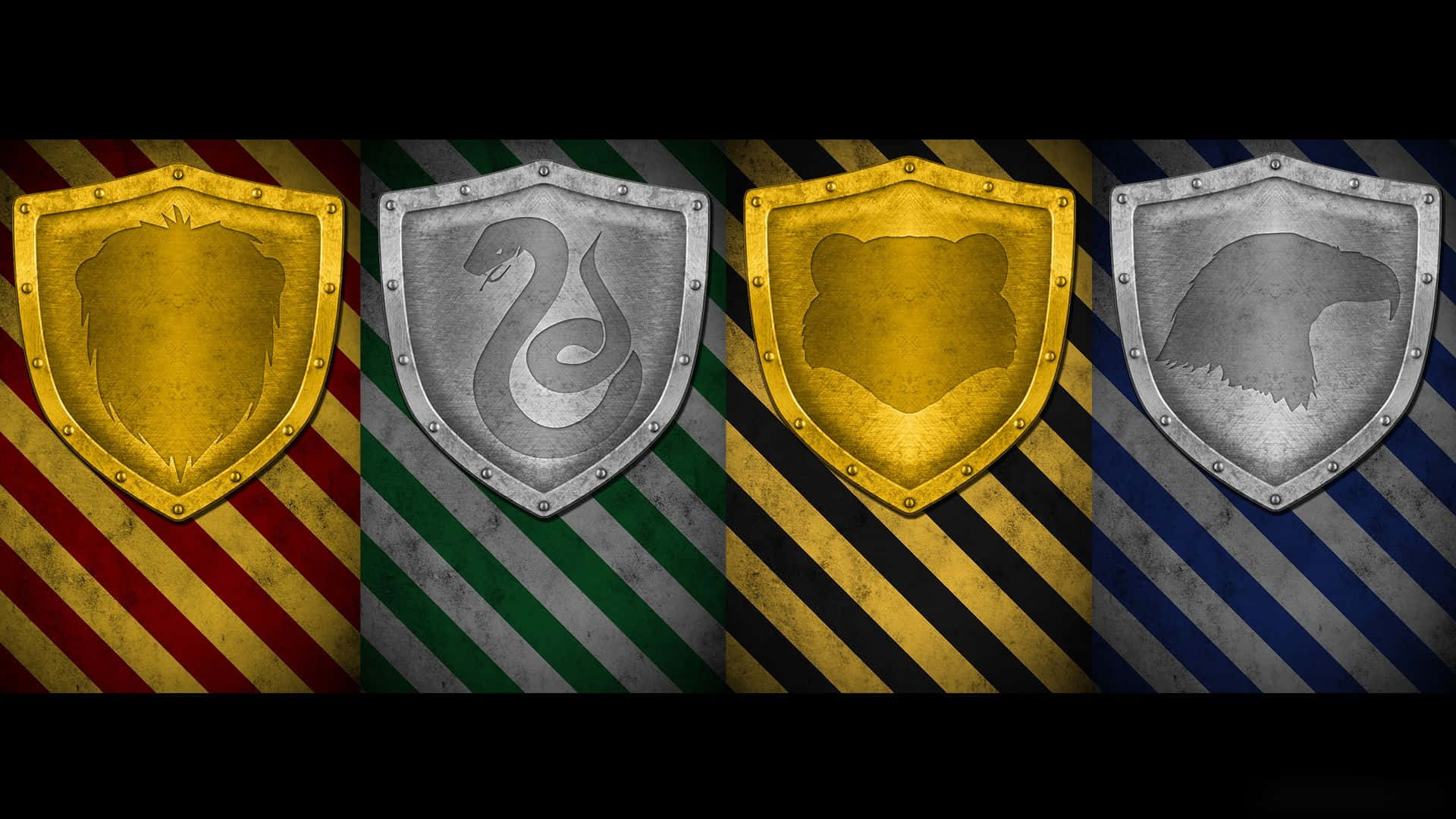 The Hogwarts Houses, metallic shields, animal emblems, Full HD Desktop Wallpaper