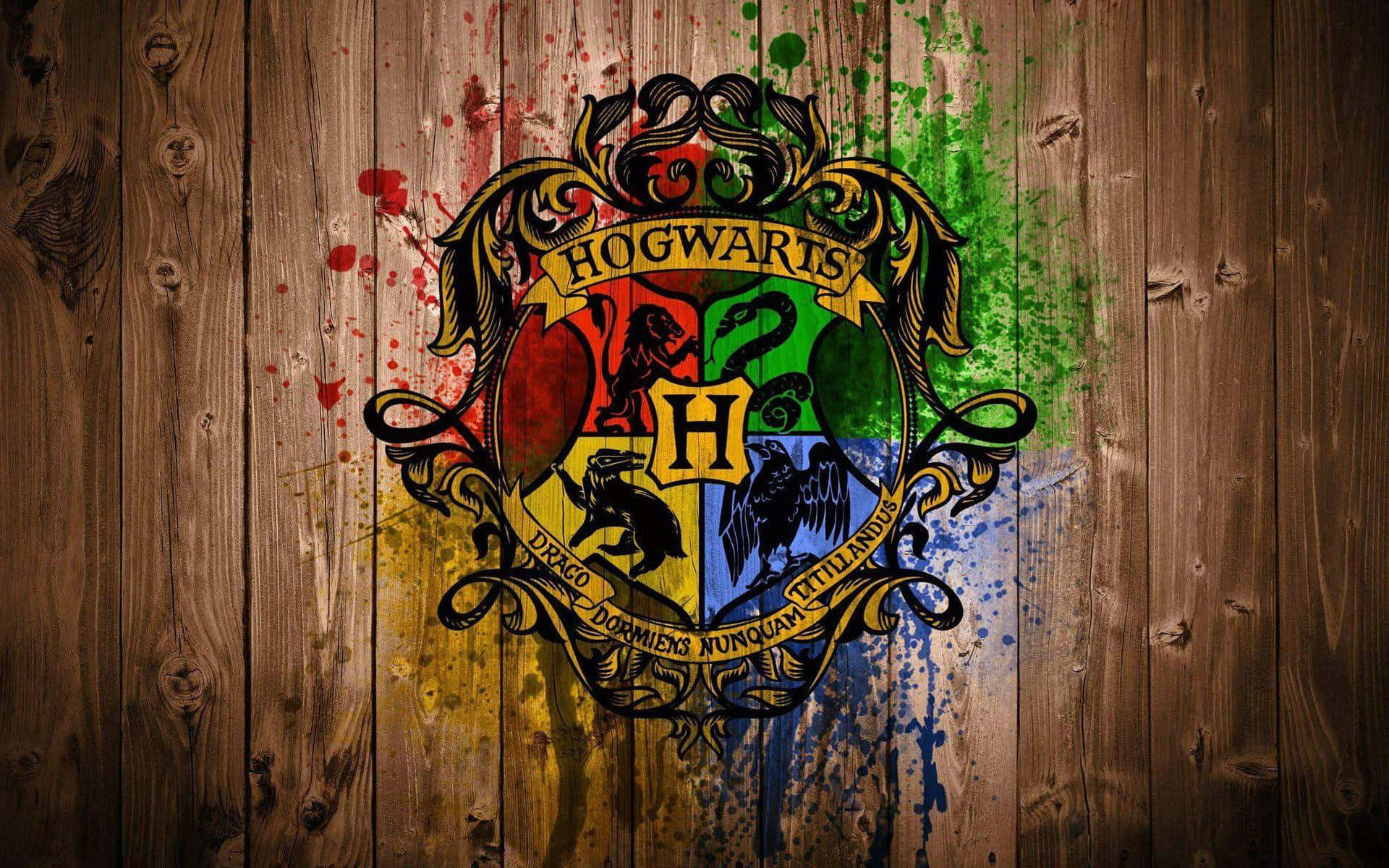 The Hogwarts Houses, Hogwarts crest, weathered wooden planks, Full HD Desktop Wallpaper