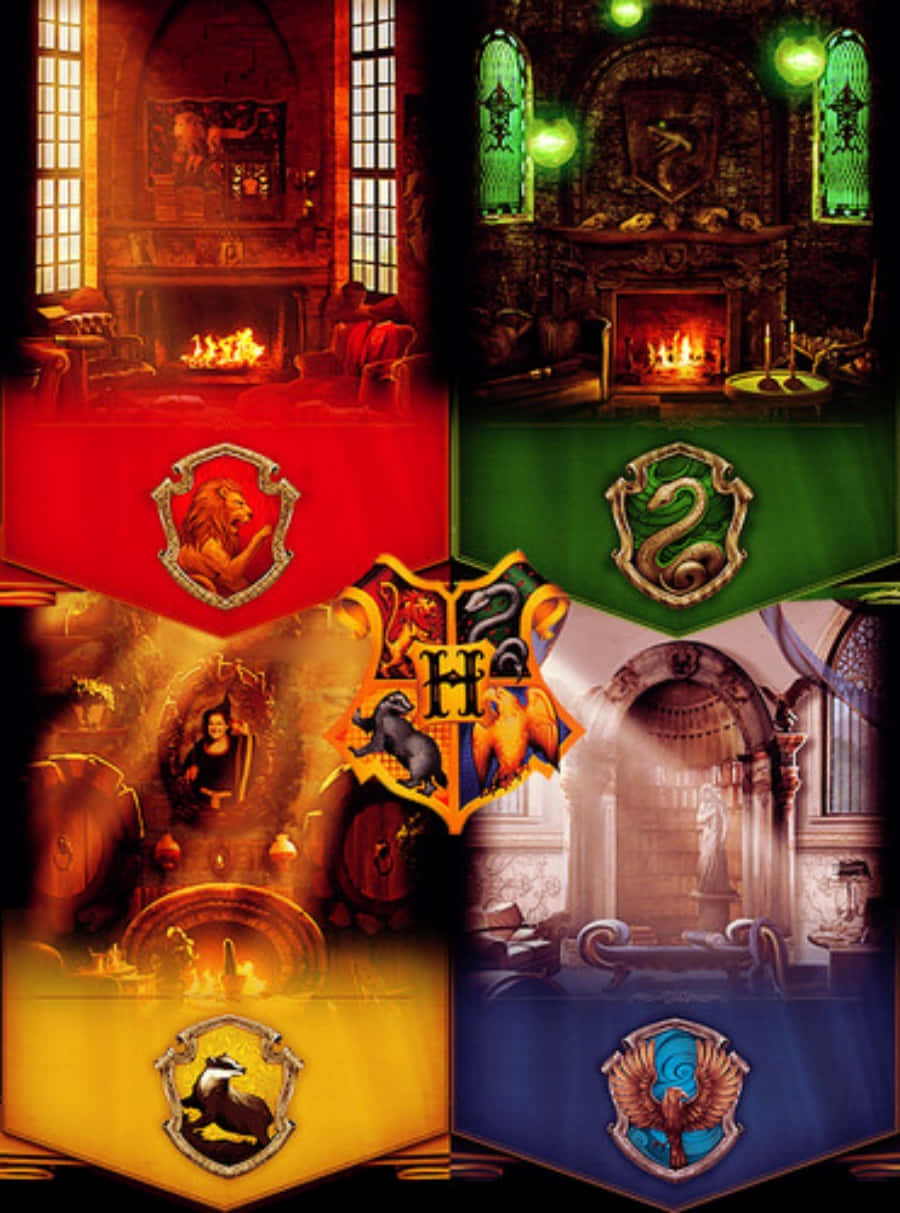 Hogwarts Houses, lion crest, snake crest, SD Phone Wallpaper