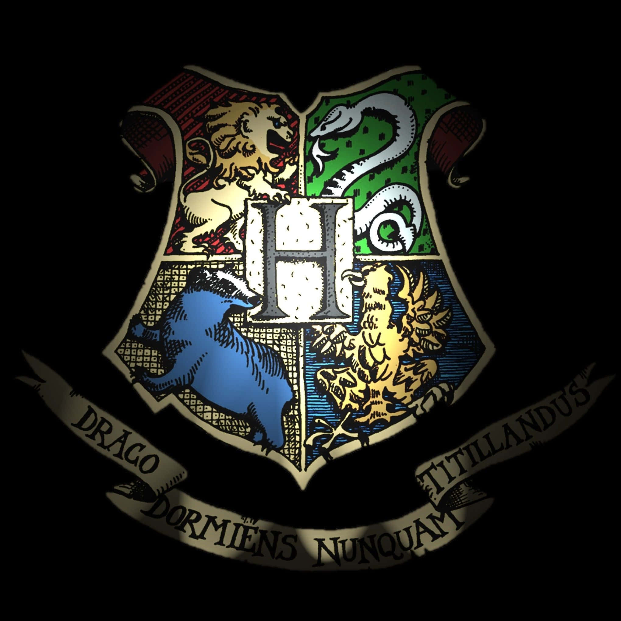 Hogwarts crest, four house emblems, Latin motto, Full HD Desktop Wallpaper