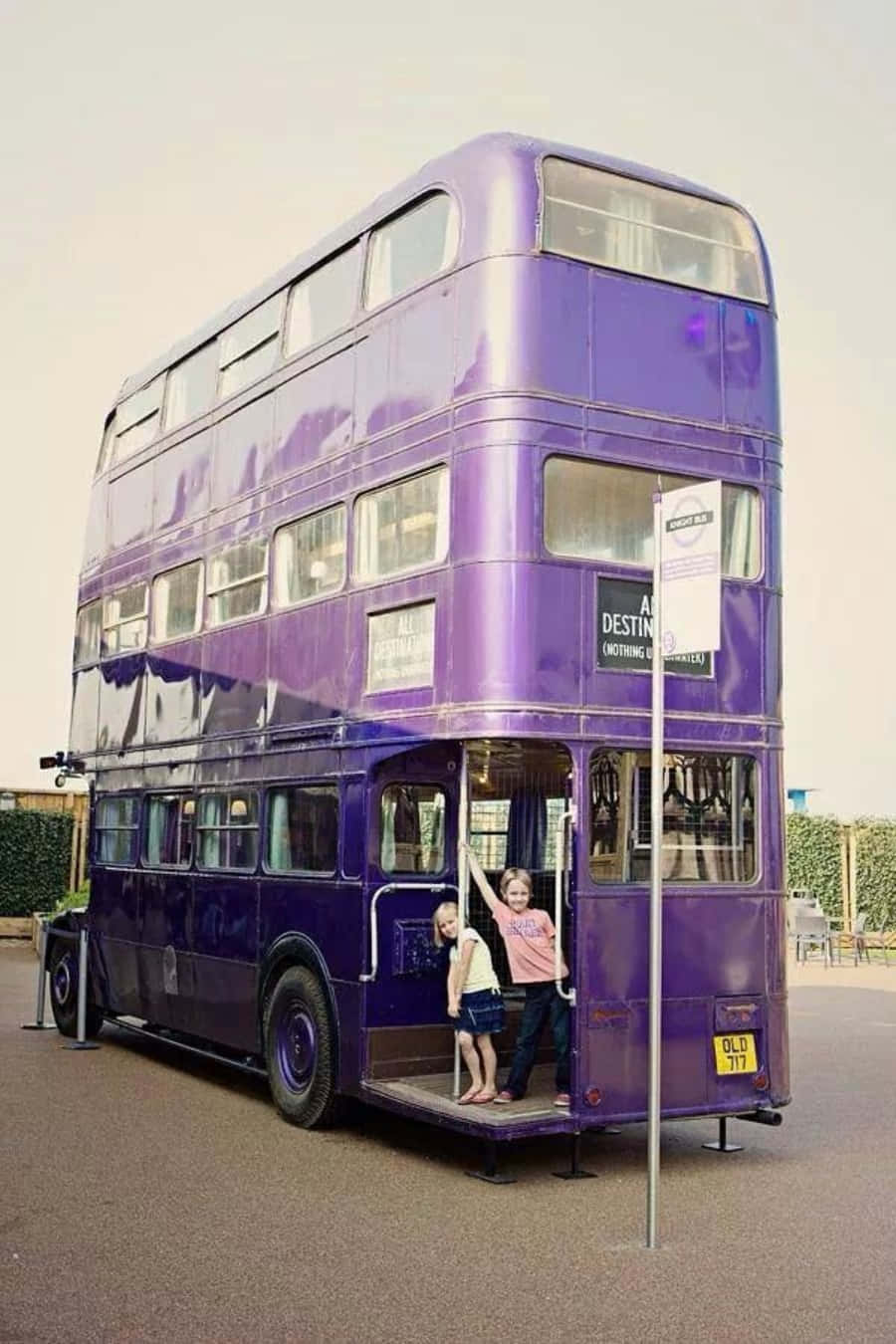 The Hogwarts Knight Bus Stop, vibrant purple double-decker bus, outdoors, HD Phone Wallpaper