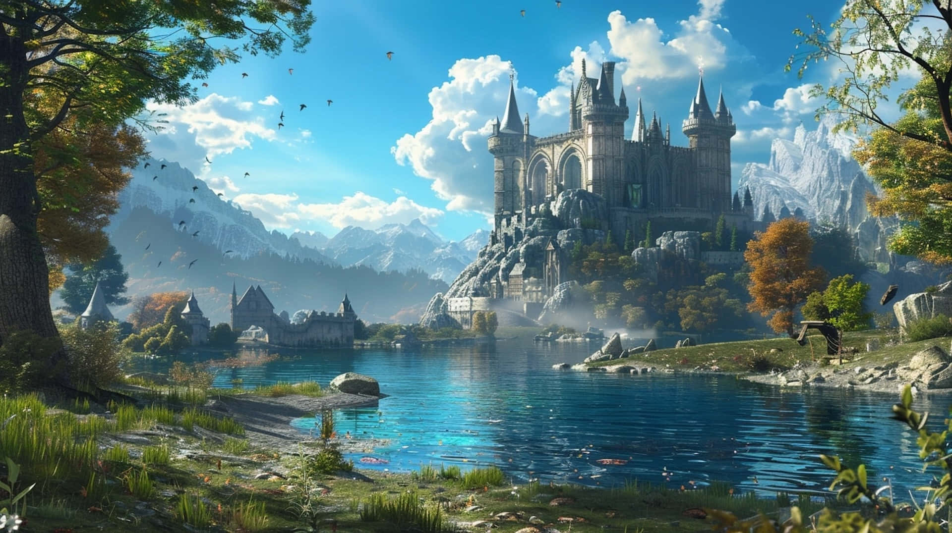 Hogwarts Lake, medieval castle, cliff, Full HD Desktop Wallpaper