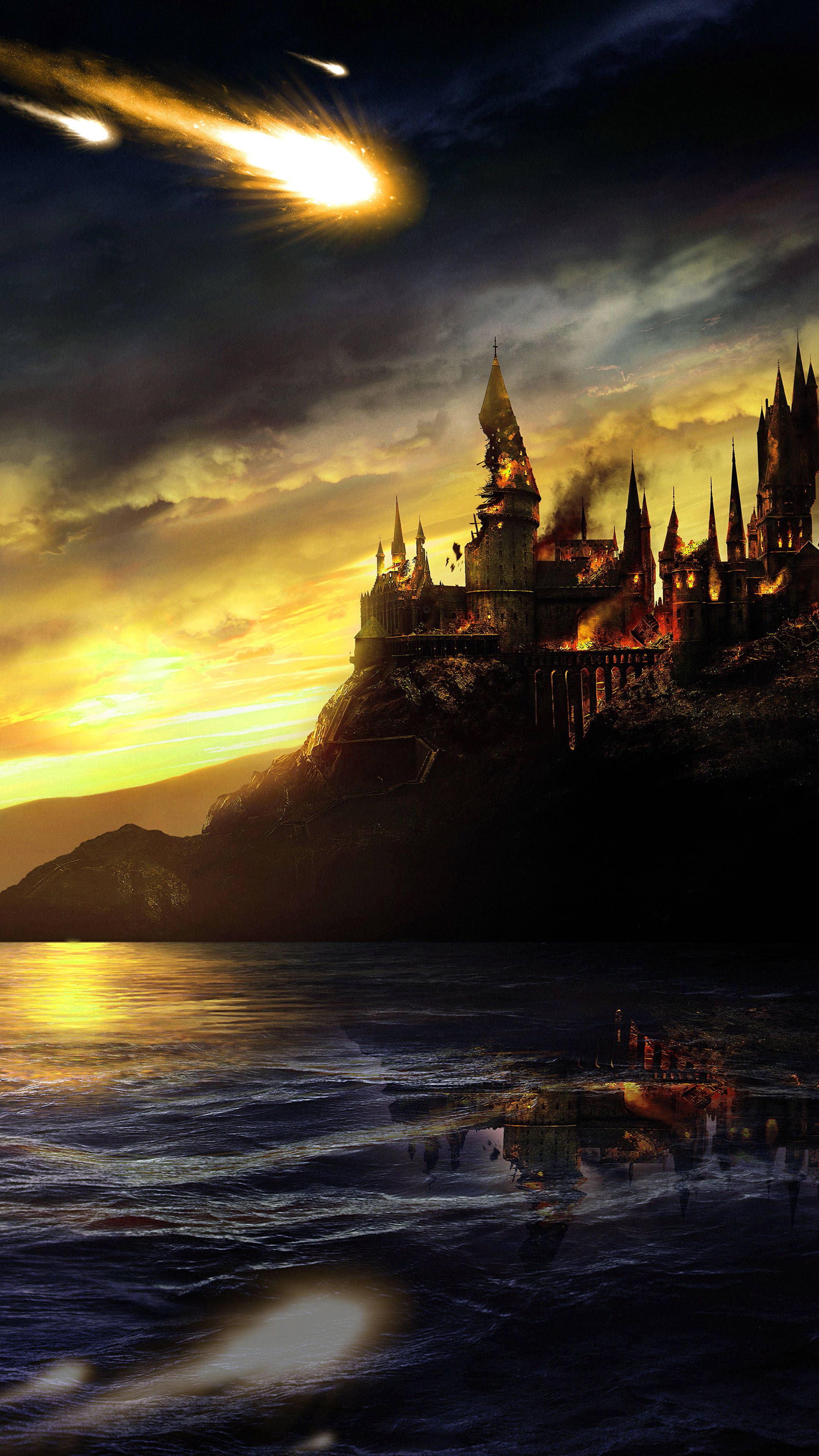 Hogwarts, cliff, sunset, 4K Phone Wallpaper