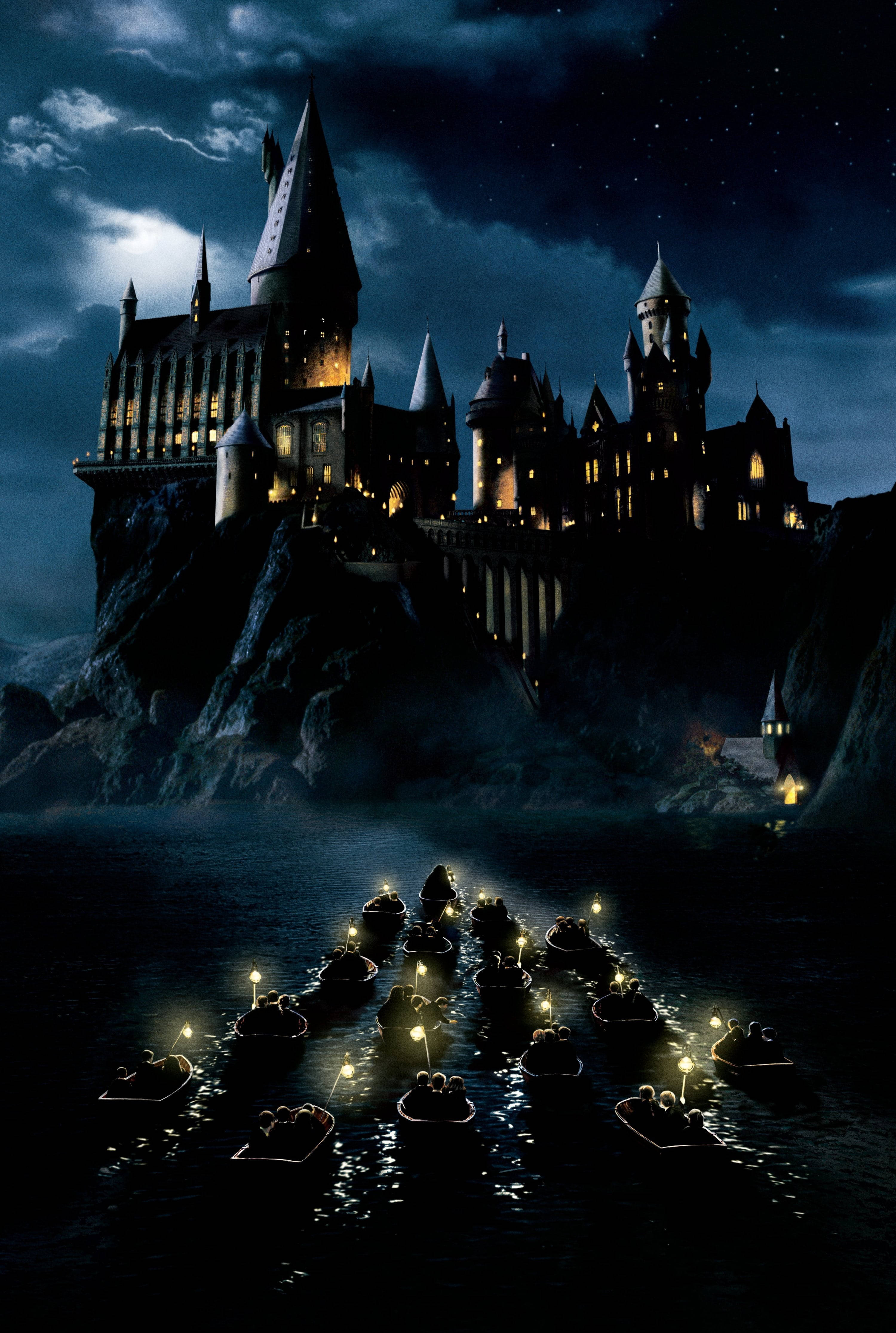 Hogwarts, Boats, Lanterns, 4K Phone Wallpaper