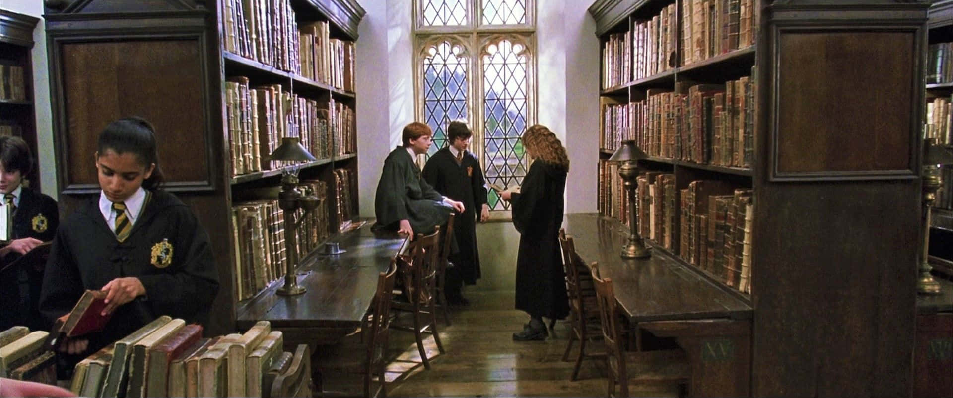 Hogwarts Library, stained glass windows, towering bookshelves, Full HD Desktop Wallpaper
