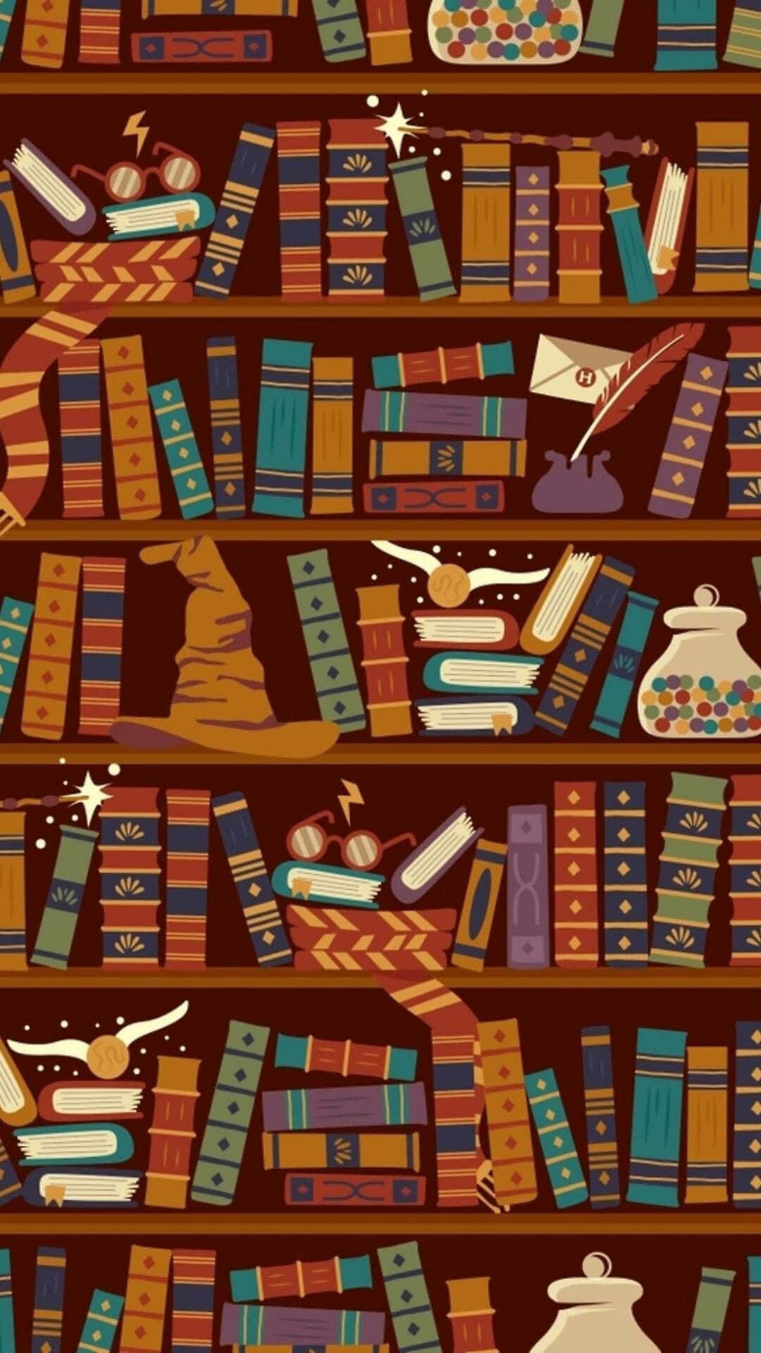 The Hogwarts Library, bookshelf, colorful tomes, Full HD Phone Wallpaper