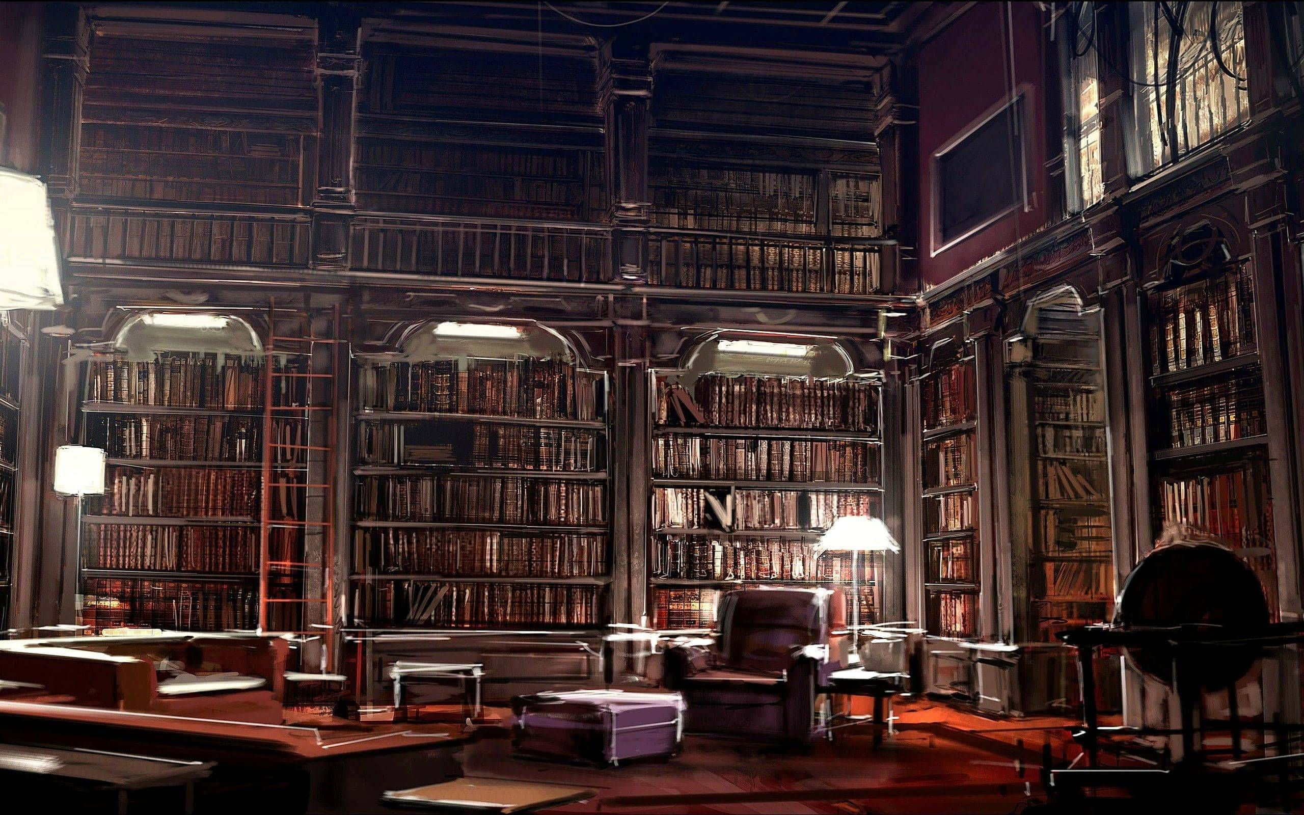 The Hogwarts Library, wooden bookshelves, ancient tomes, 2K Desktop Wallpaper