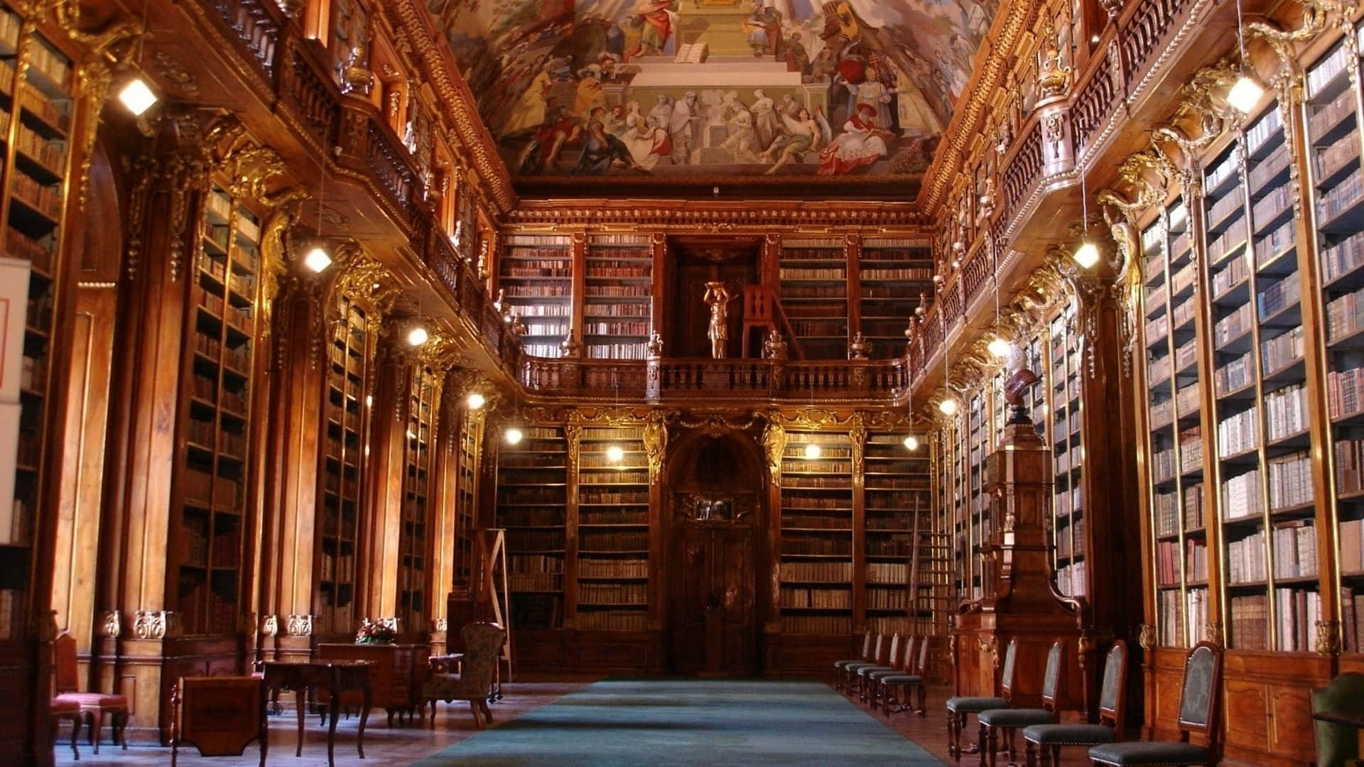 The Hogwarts Library, wooden bookshelves, golden accents, Full HD Desktop Wallpaper