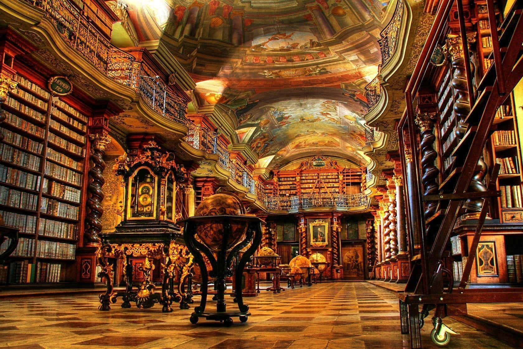 The Hogwarts Library, towering bookshelves, gilded ceilings, HD Desktop Wallpaper