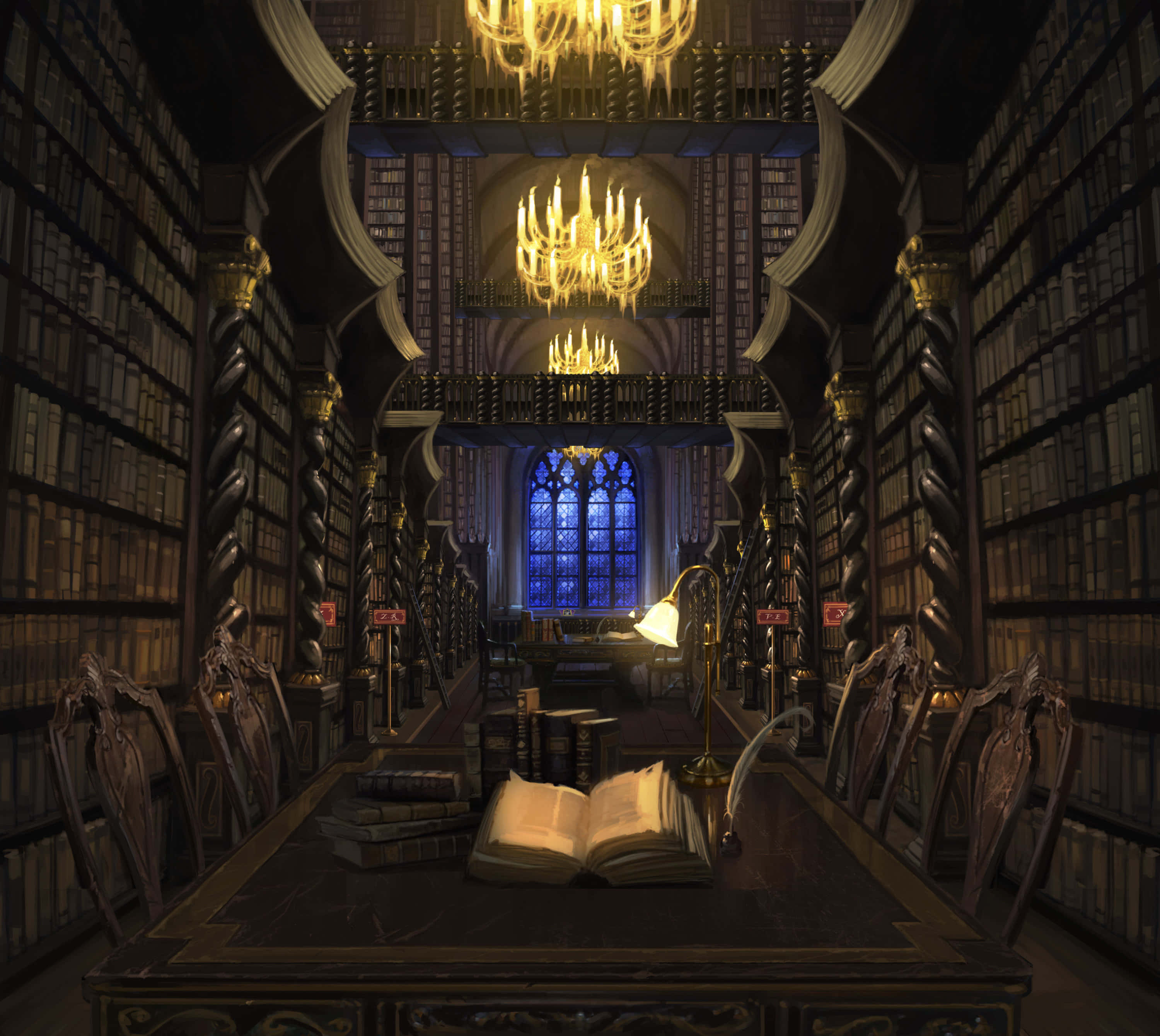 Hogwarts Library, gothic library, towering bookshelves, 2K Desktop Wallpaper