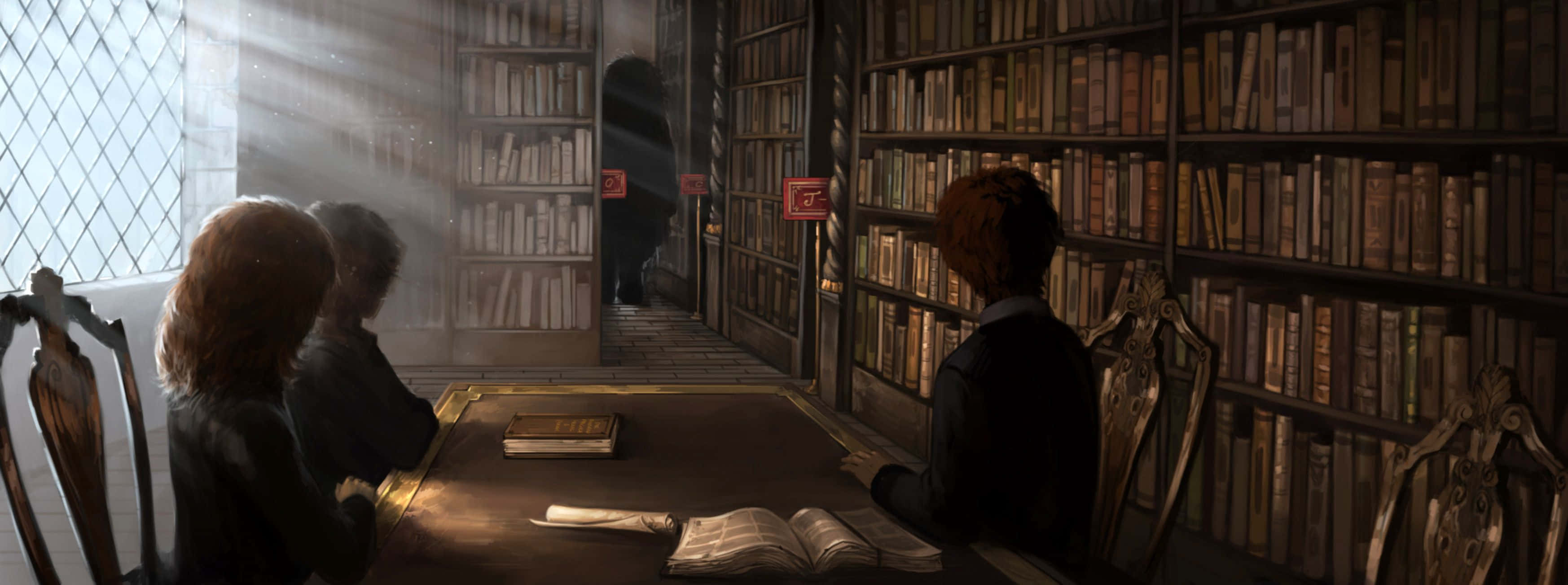 The Hogwarts Library, wooden table, sunlit, 2K Desktop Wallpaper