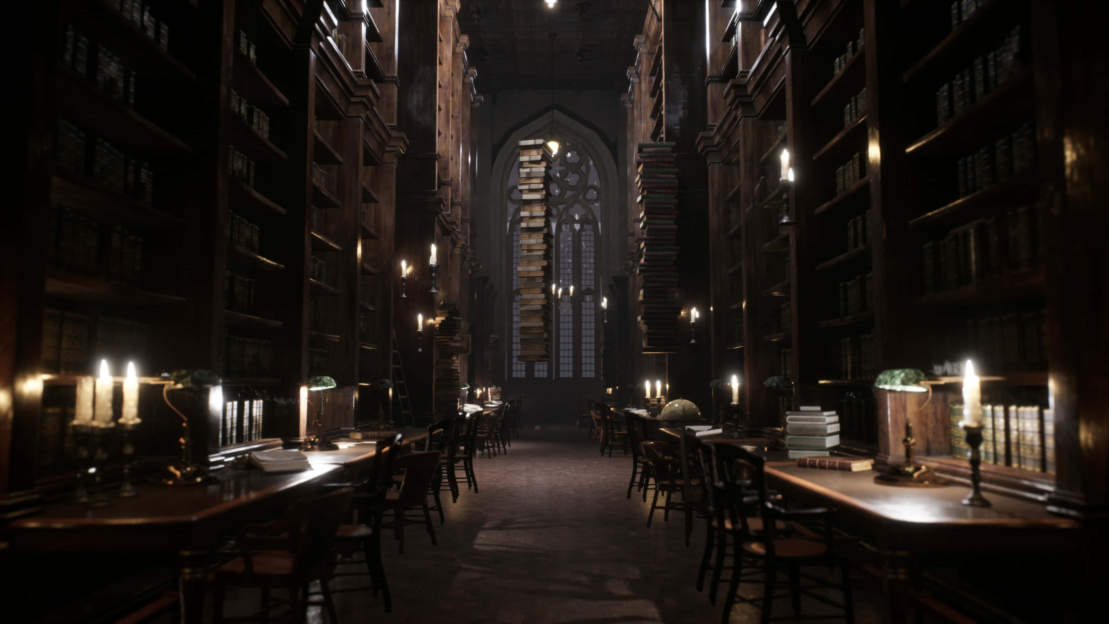 The Hogwarts Library, medieval library, towering wooden bookshelves, 4K Desktop Wallpaper