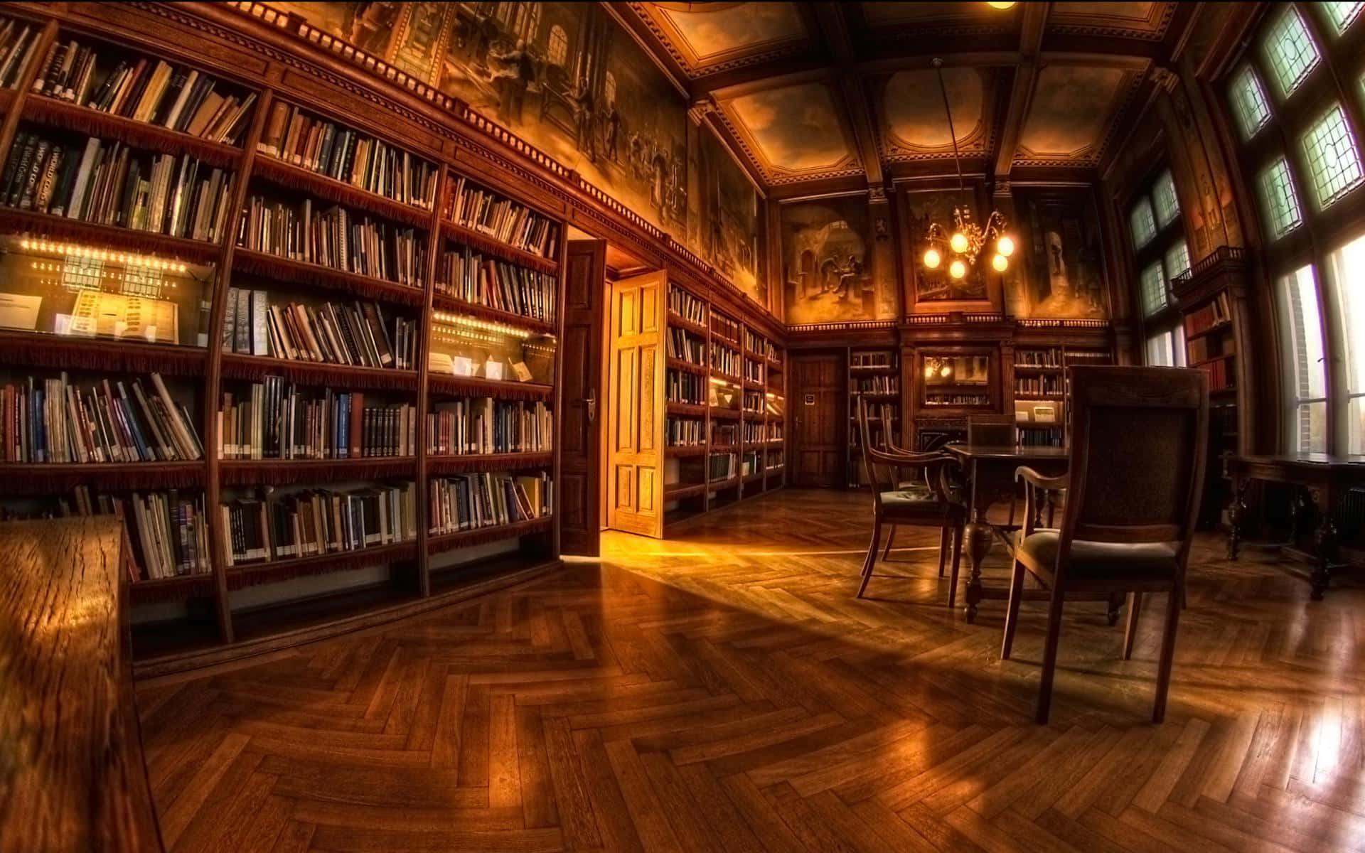 The Hogwarts Library, wooden bookshelves, ornate ceiling murals, Full HD Desktop Wallpaper