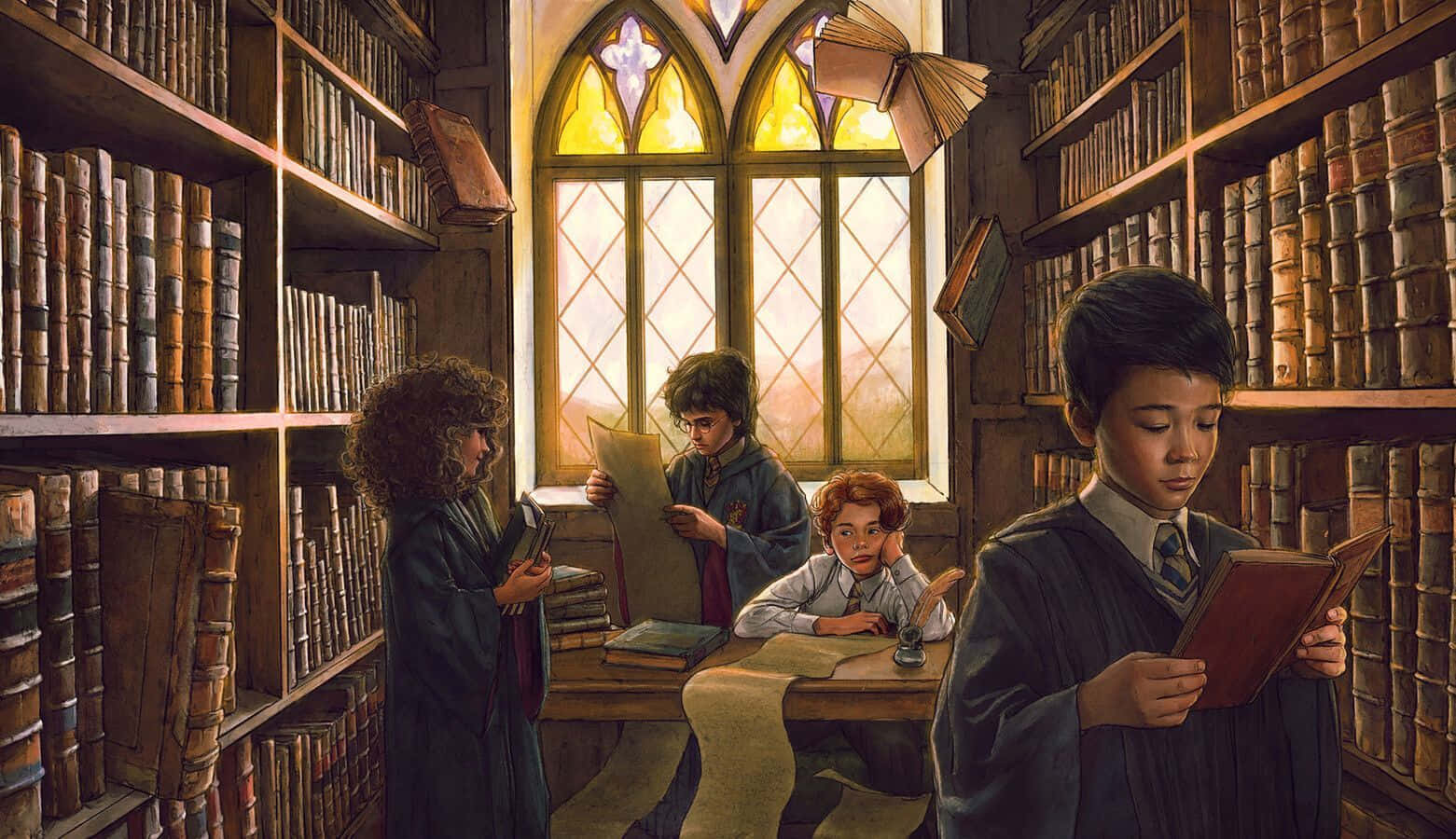 The Hogwarts Library, wizarding robes, ancient tomes, HD Desktop Wallpaper