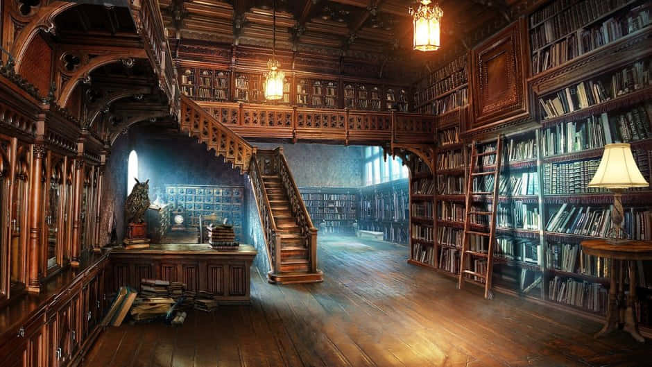 Hogwarts Library, towering bookshelves, sweeping staircase, SD Desktop Wallpaper