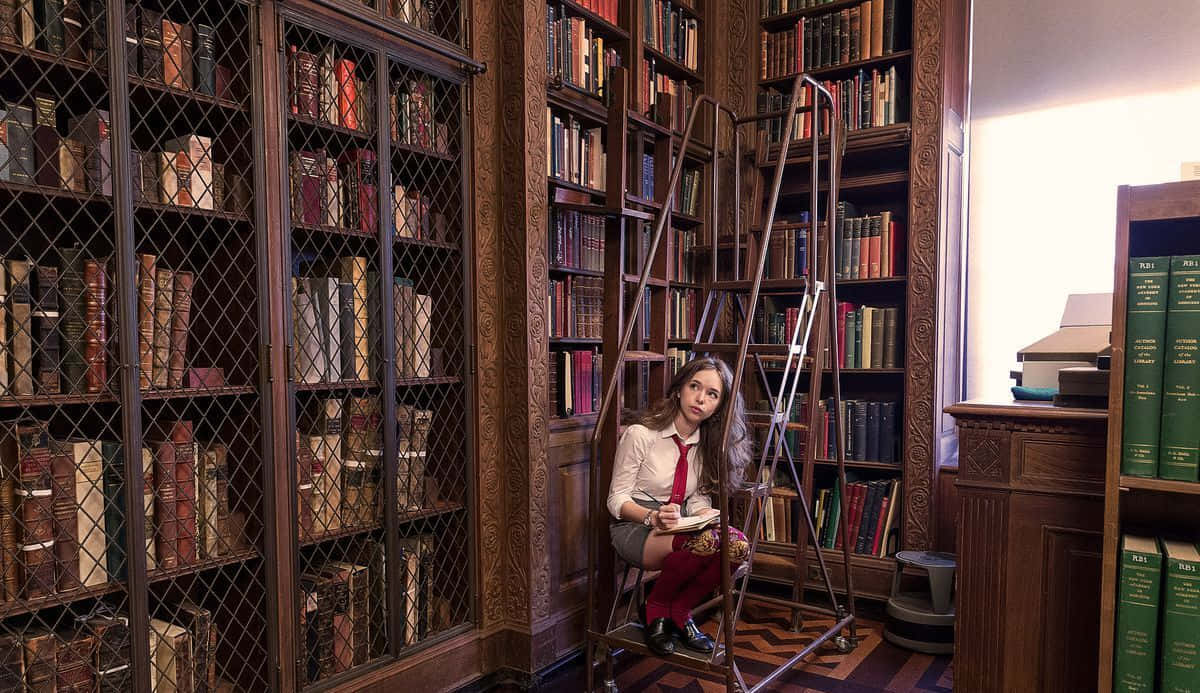 The Hogwarts Library, metal ladder, wooden bookshelves, SD Desktop Wallpaper