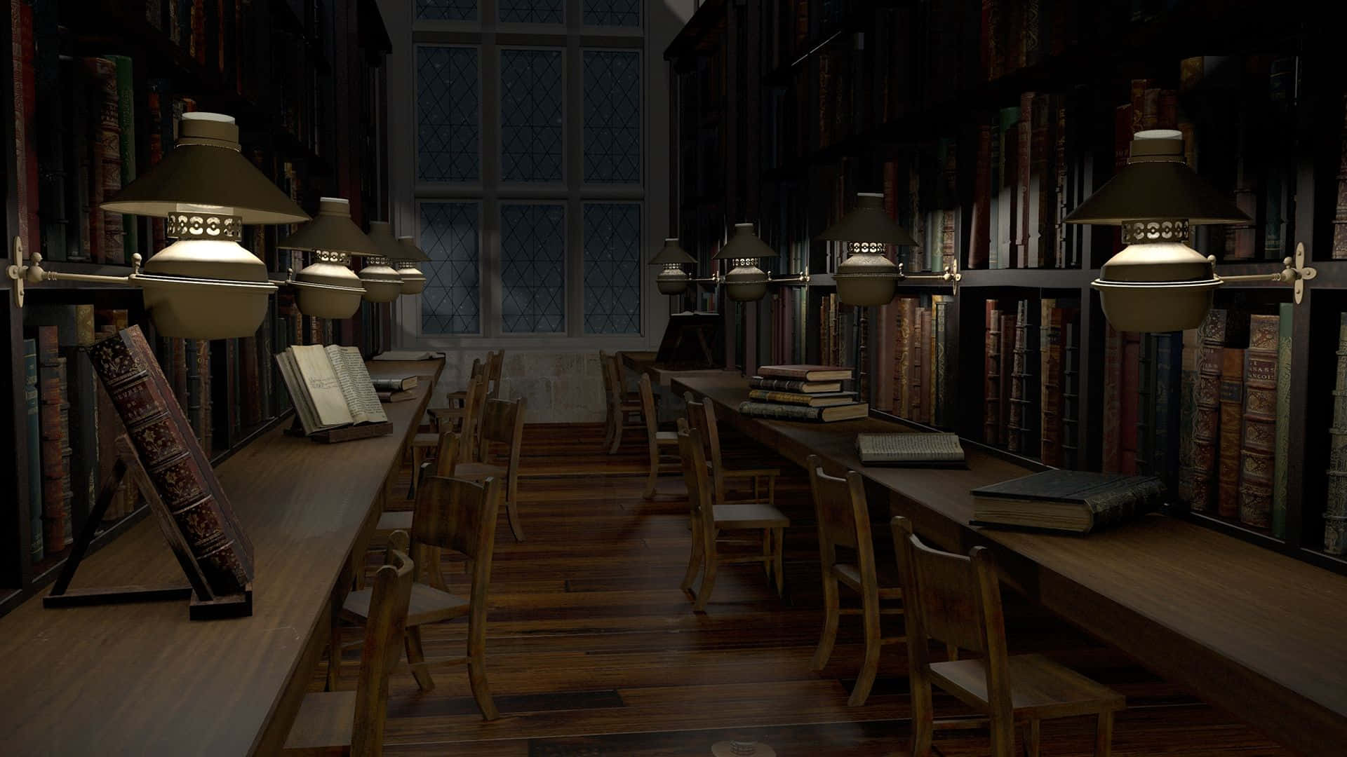 The Hogwarts Library, wooden desks, chairs, Full HD Desktop Wallpaper