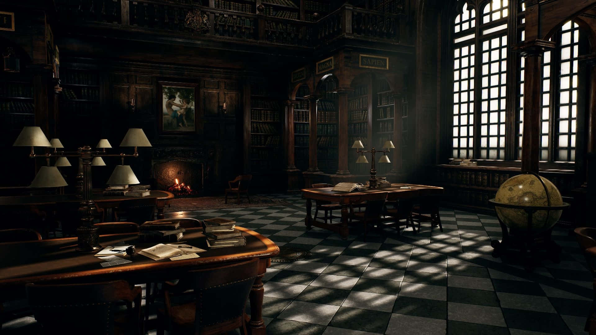 Hogwarts Library, sunlight, tall windows, Full HD Desktop Wallpaper