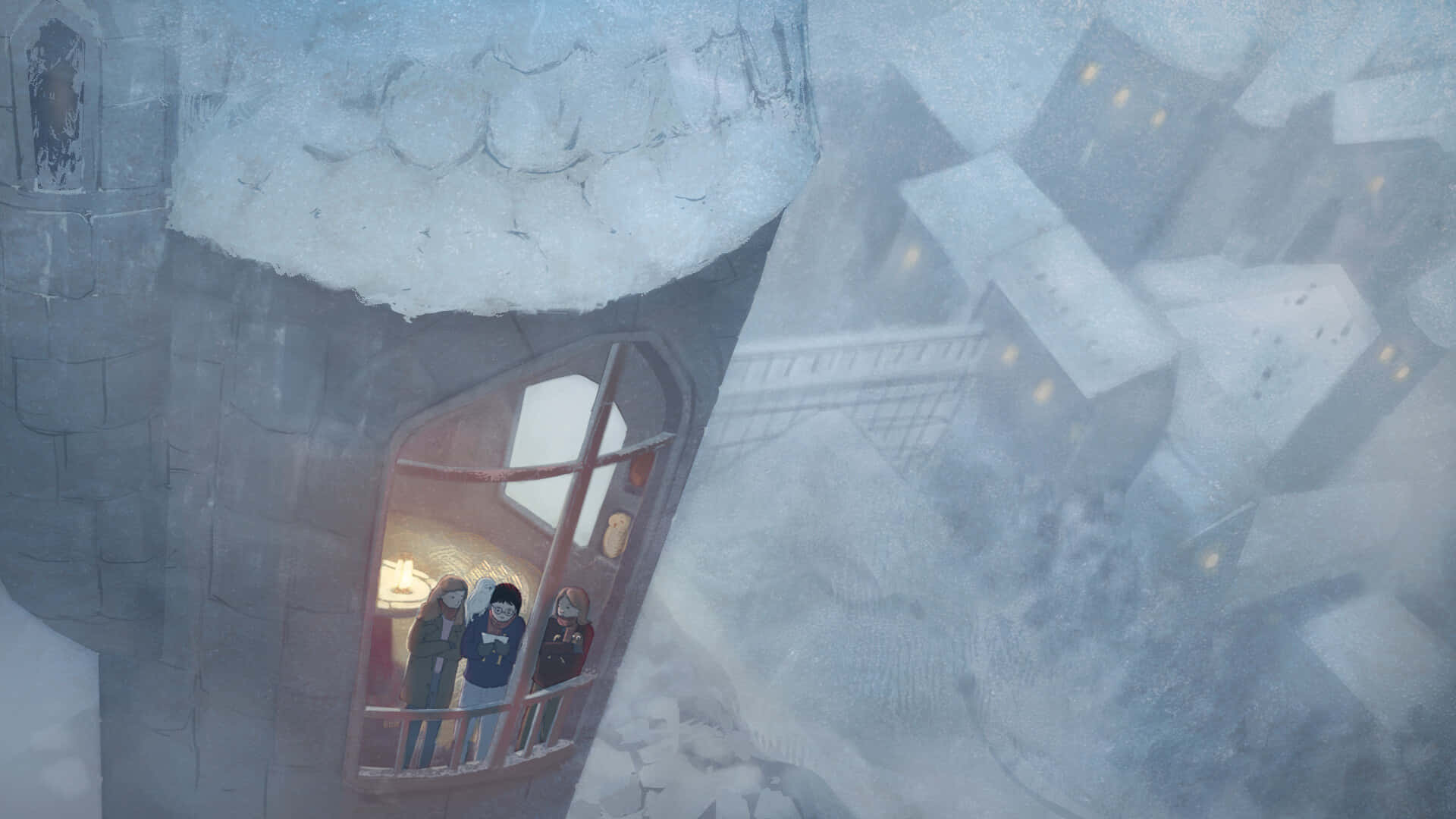 The Hogwarts Owlery, snow-covered tower, warmly lit window, Full HD Desktop Wallpaper