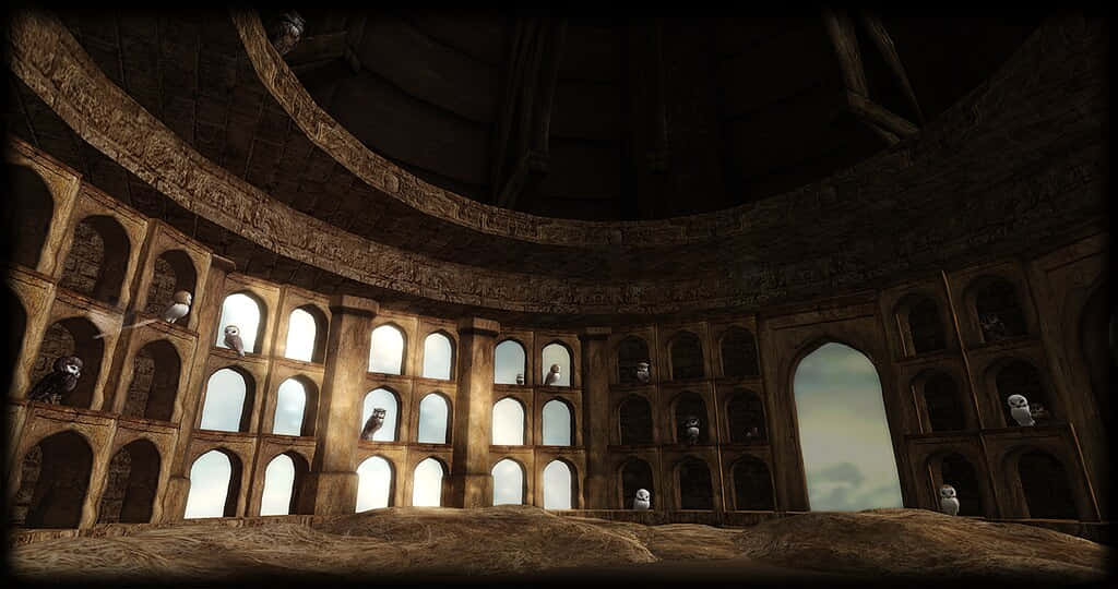 The Hogwarts Owlery, ancient stone amphitheater, arched windows, SD Desktop Wallpaper