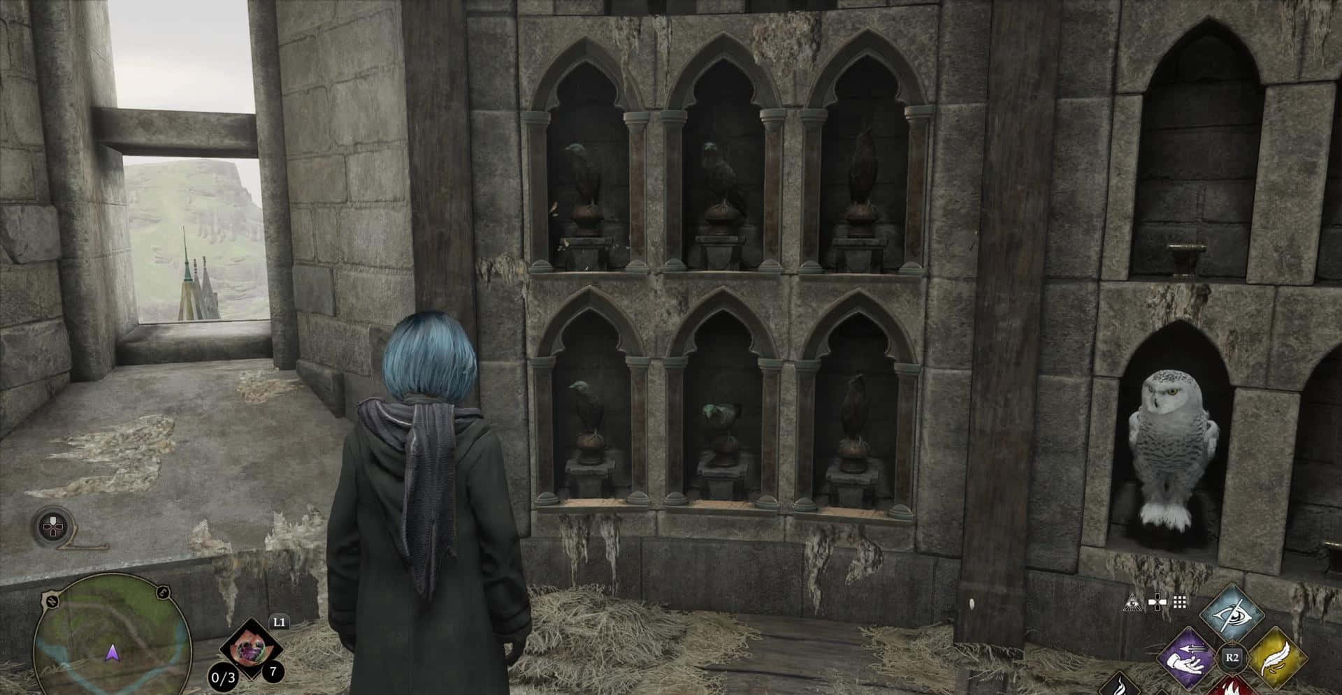 The Hogwarts Owlery, blue hair, stone owlery, Full HD Desktop Wallpaper