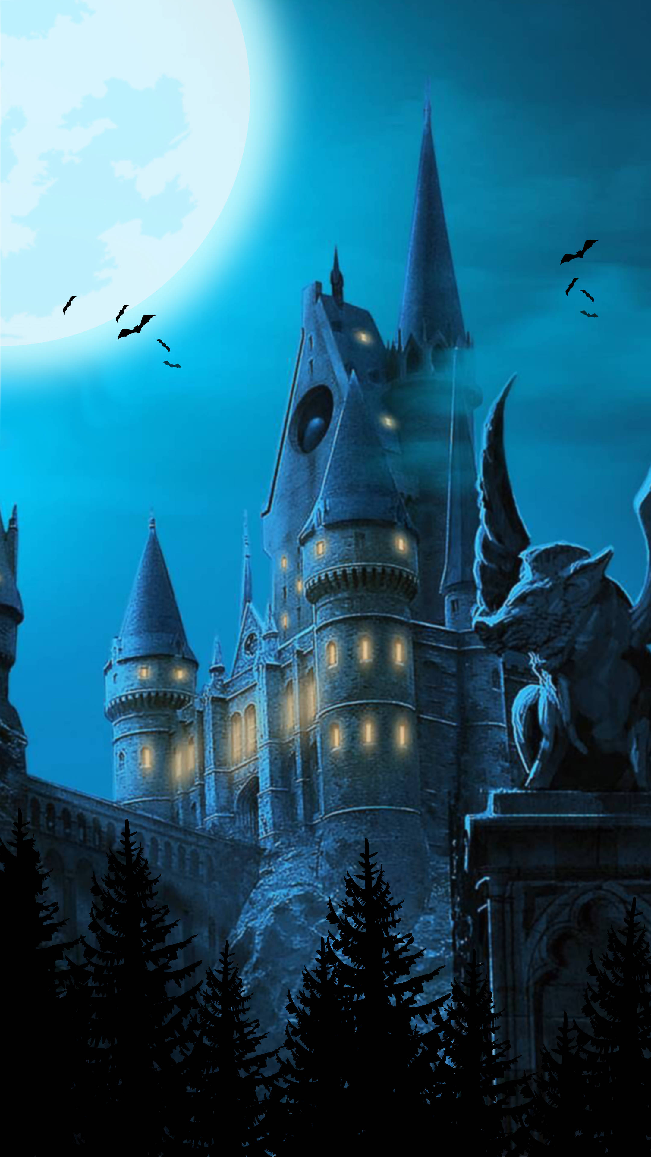 Hogwarts, gothic castle, glowing windows, 4K Phone Wallpaper