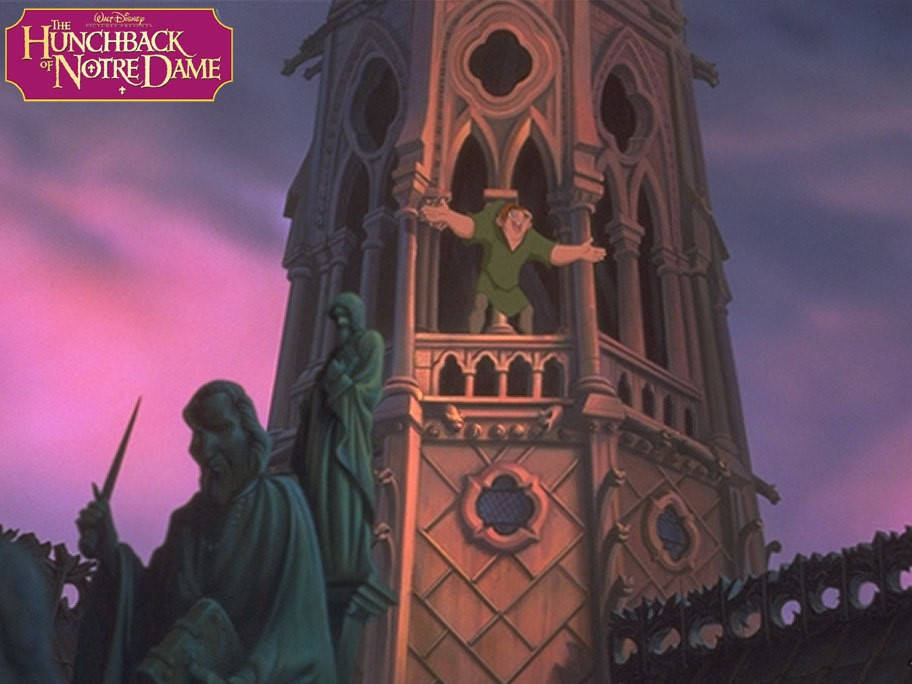 Hunchback of Notre Dame, cathedral bell tower, vibrant purple sunset sky, SD Desktop Wallpaper