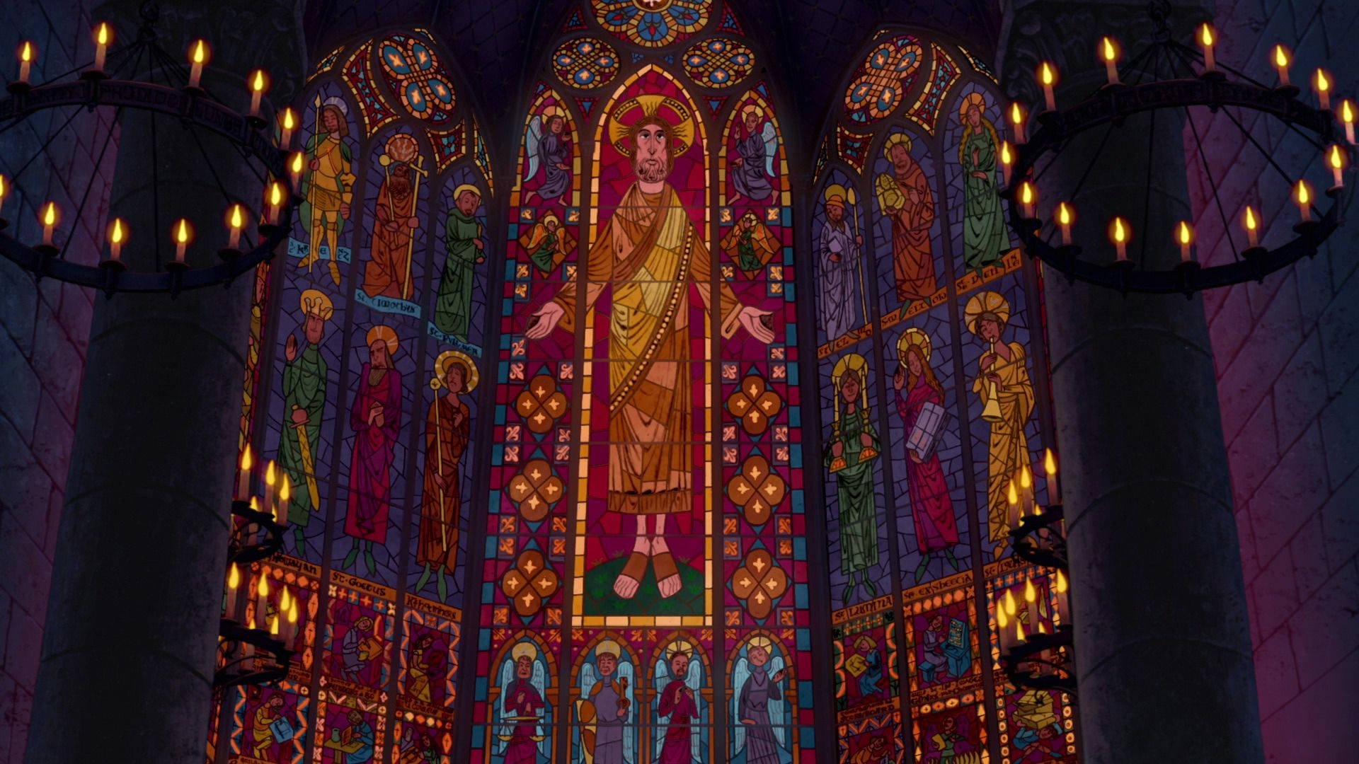 Hunchback of Notre Dame, stained glass window, cathedral interior, Full HD Desktop Wallpaper