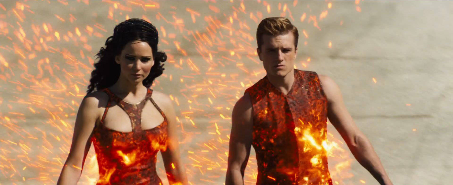 The Hunger Games, flaming outfit, fiery orange attire, Full HD Desktop Wallpaper