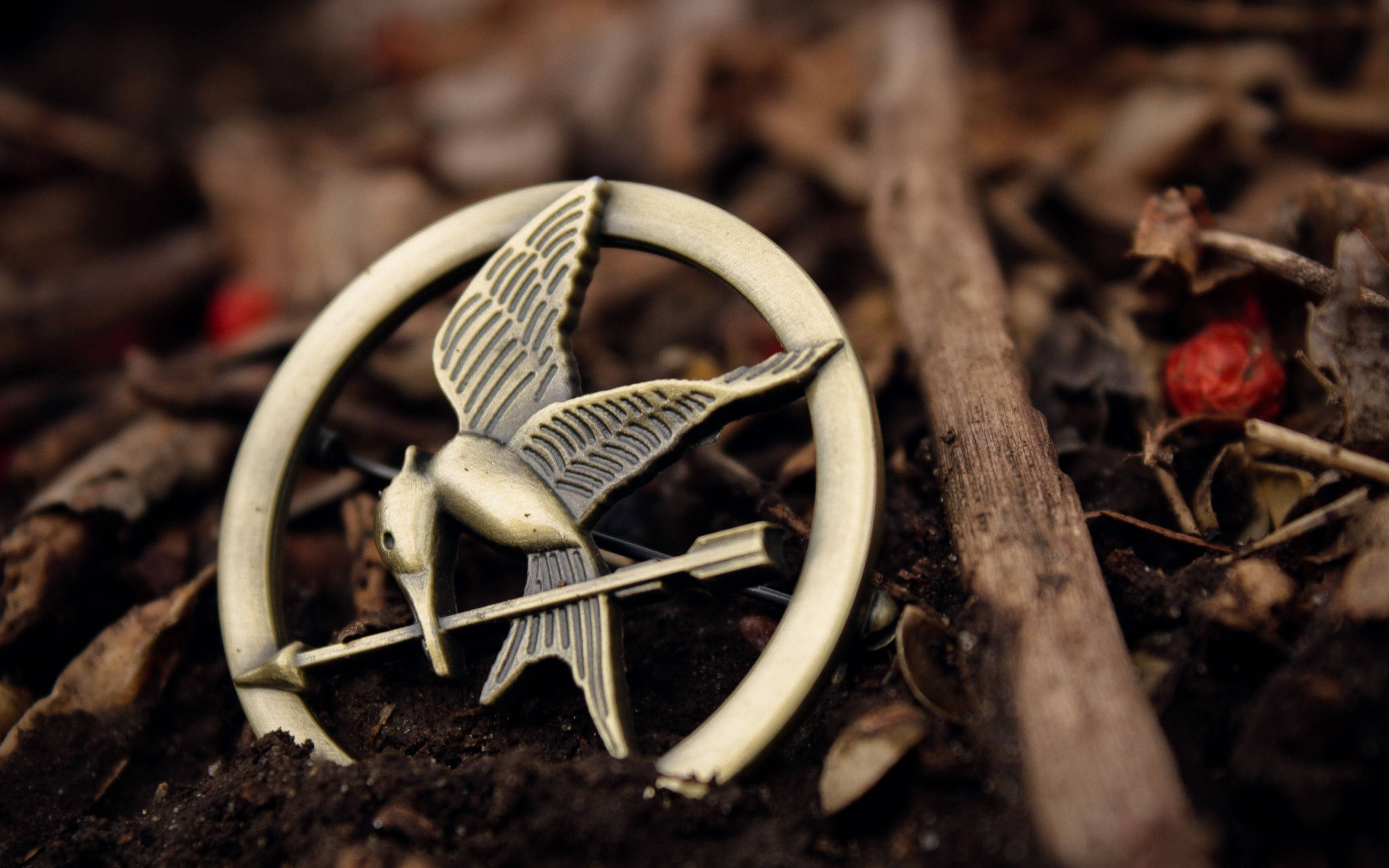 The Hunger Games, mockingjay pin, metallic, 4K Desktop Wallpaper