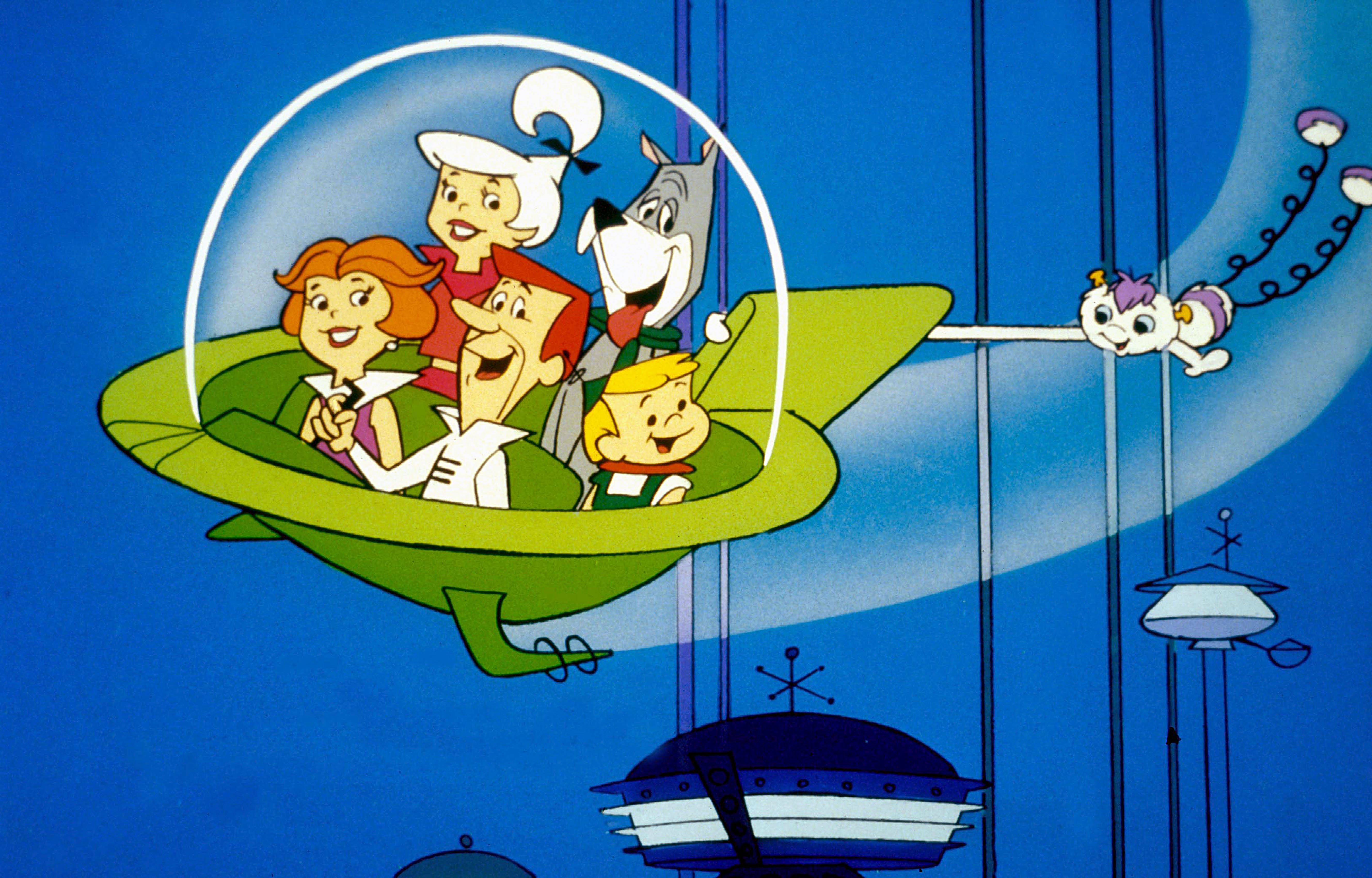 The Jetsons, green space car, futuristic blue cityscape, 5K Desktop Wallpaper