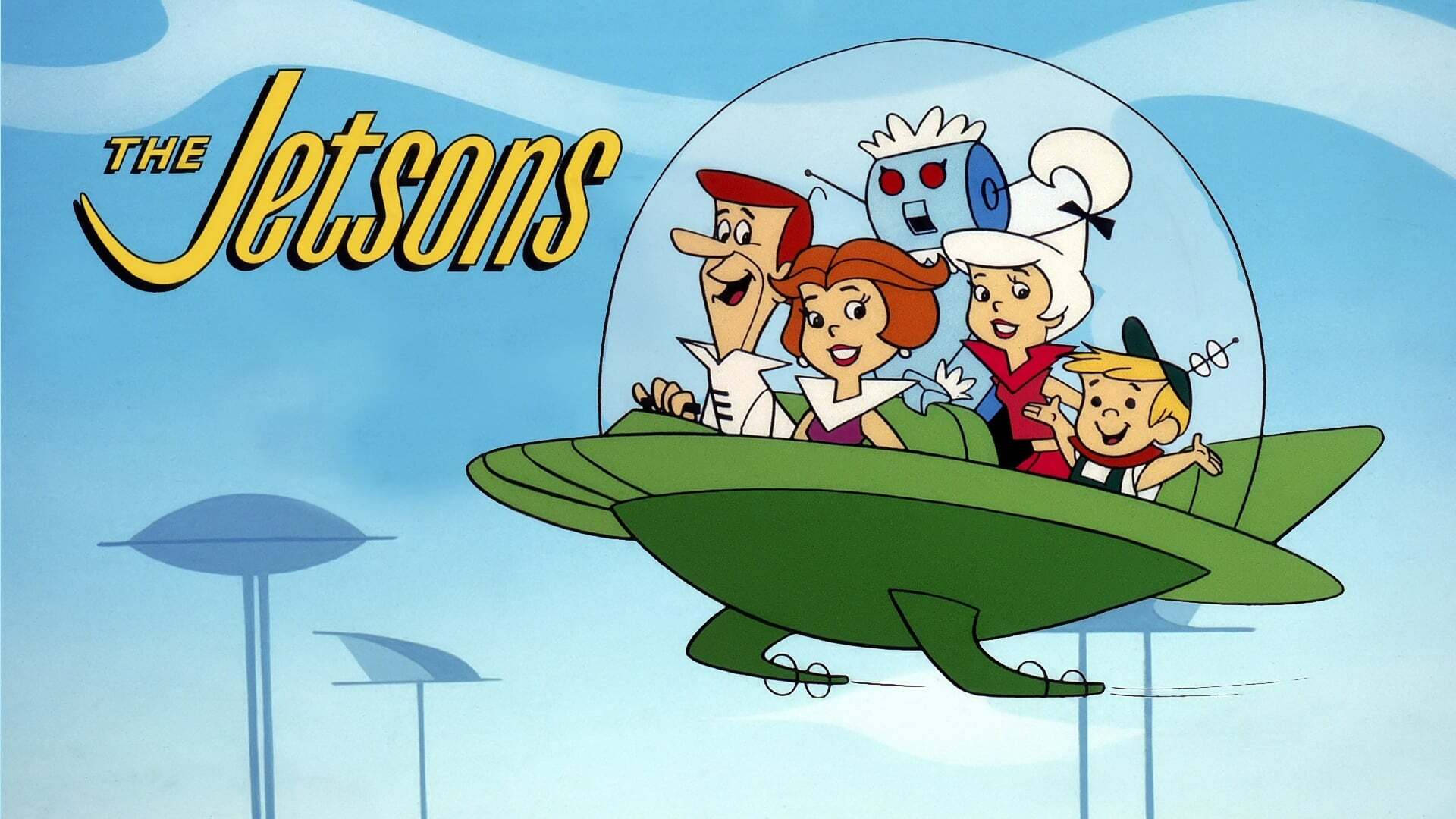 The Jetsons, green flying car, futuristic blue sky, Full HD Desktop Wallpaper