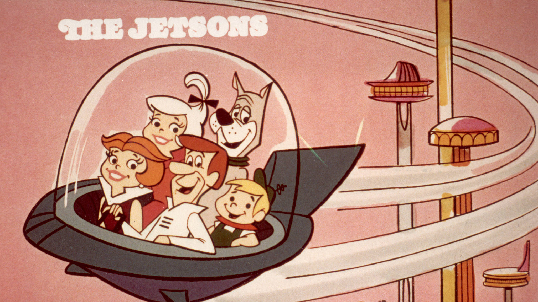 The Jetsons, flying car, futuristic pink-hued city street, Full HD Desktop Wallpaper
