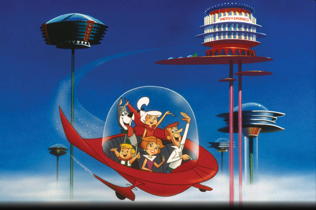 The Jetsons, dark red space car, futuristic towers, SD Desktop Wallpaper