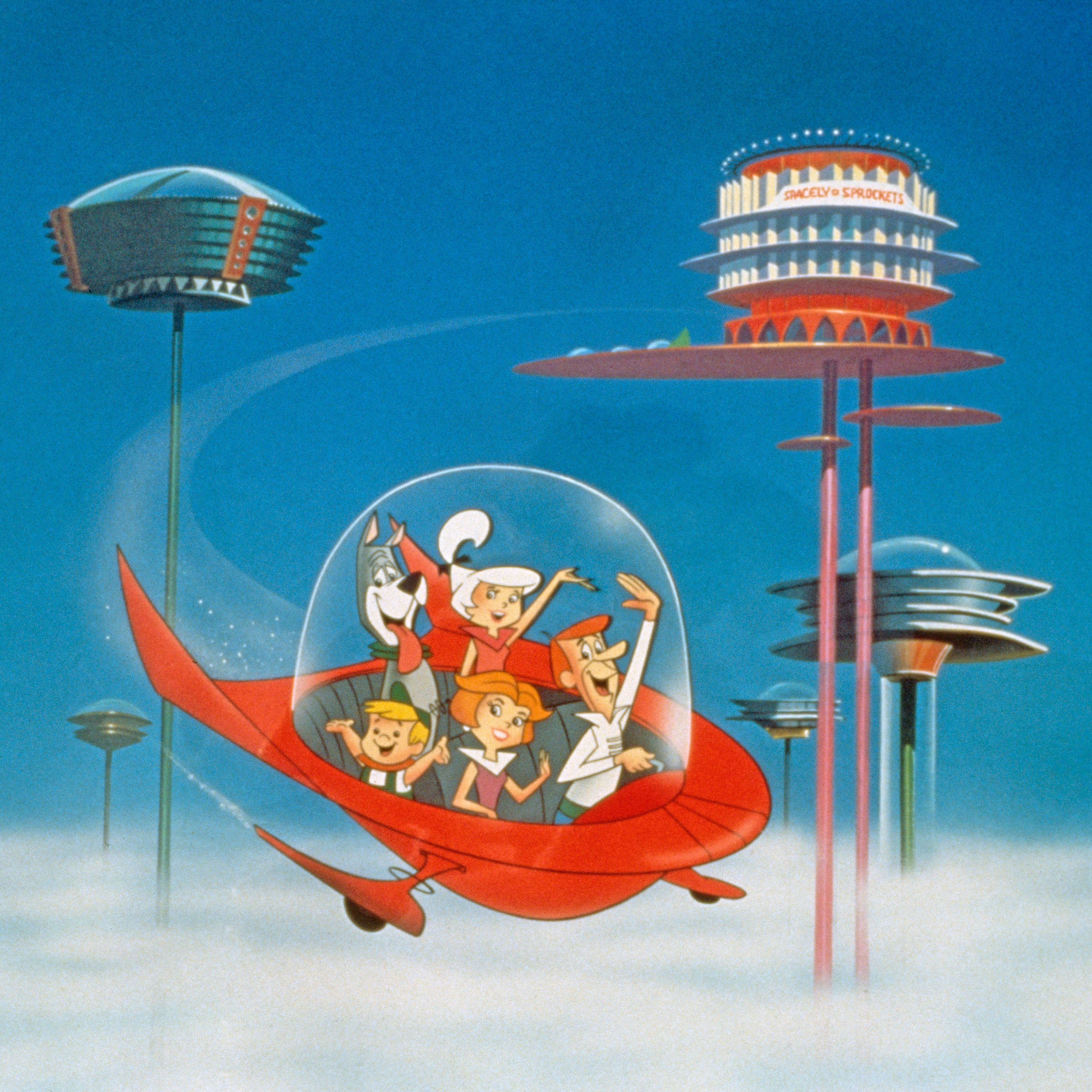 The Jetsons, red space car, futuristic flying saucer buildings, 4K Desktop Wallpaper