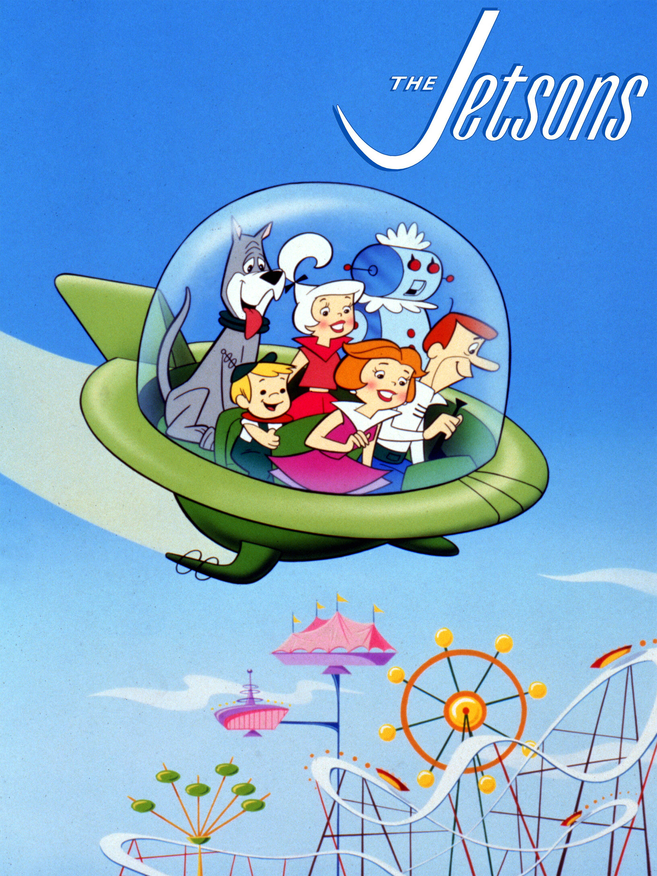 The Jetsons, flying car, futuristic amusement park, 2K Phone Wallpaper