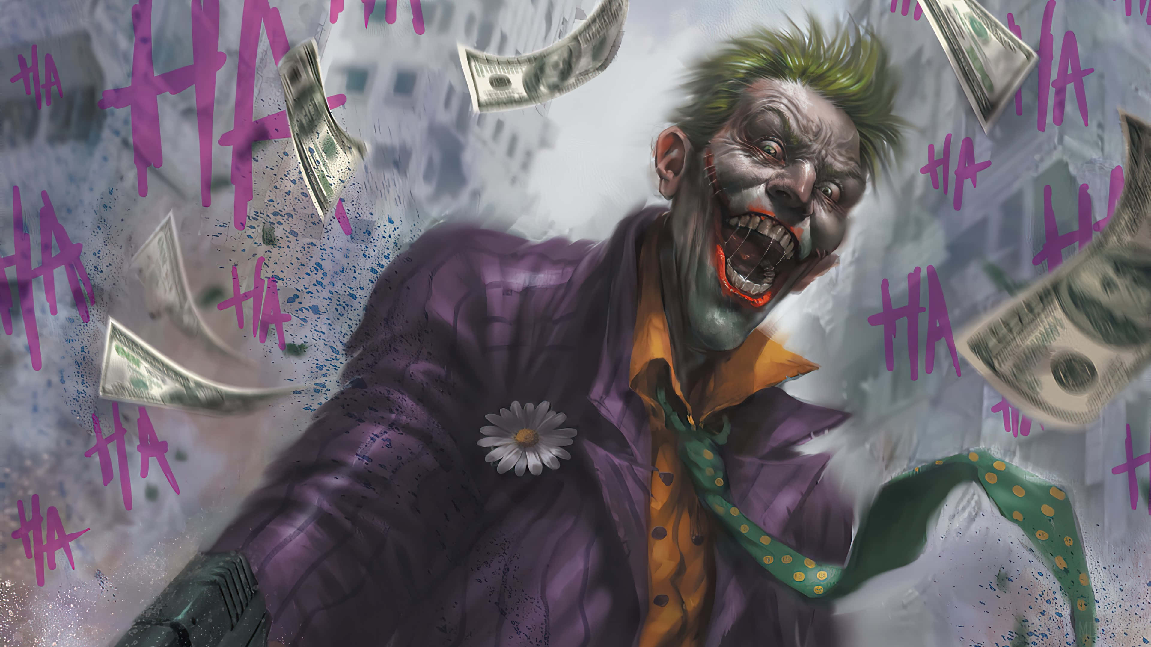The Joker, dollar bills, purple 'HA' graffiti, 4K Desktop Wallpaper