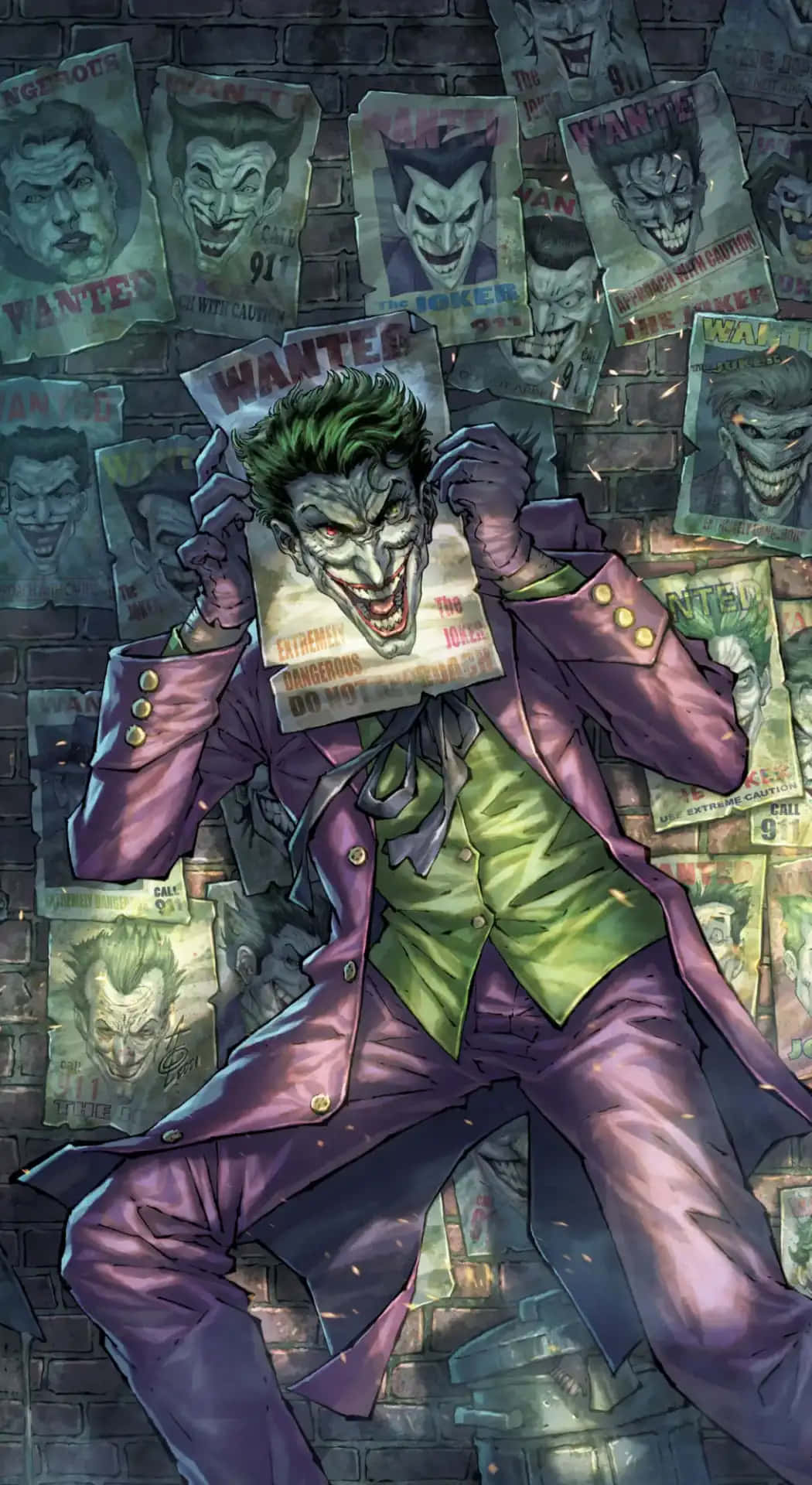 The Joker, wanted posters, gritty brick alley, Full HD Phone Wallpaper