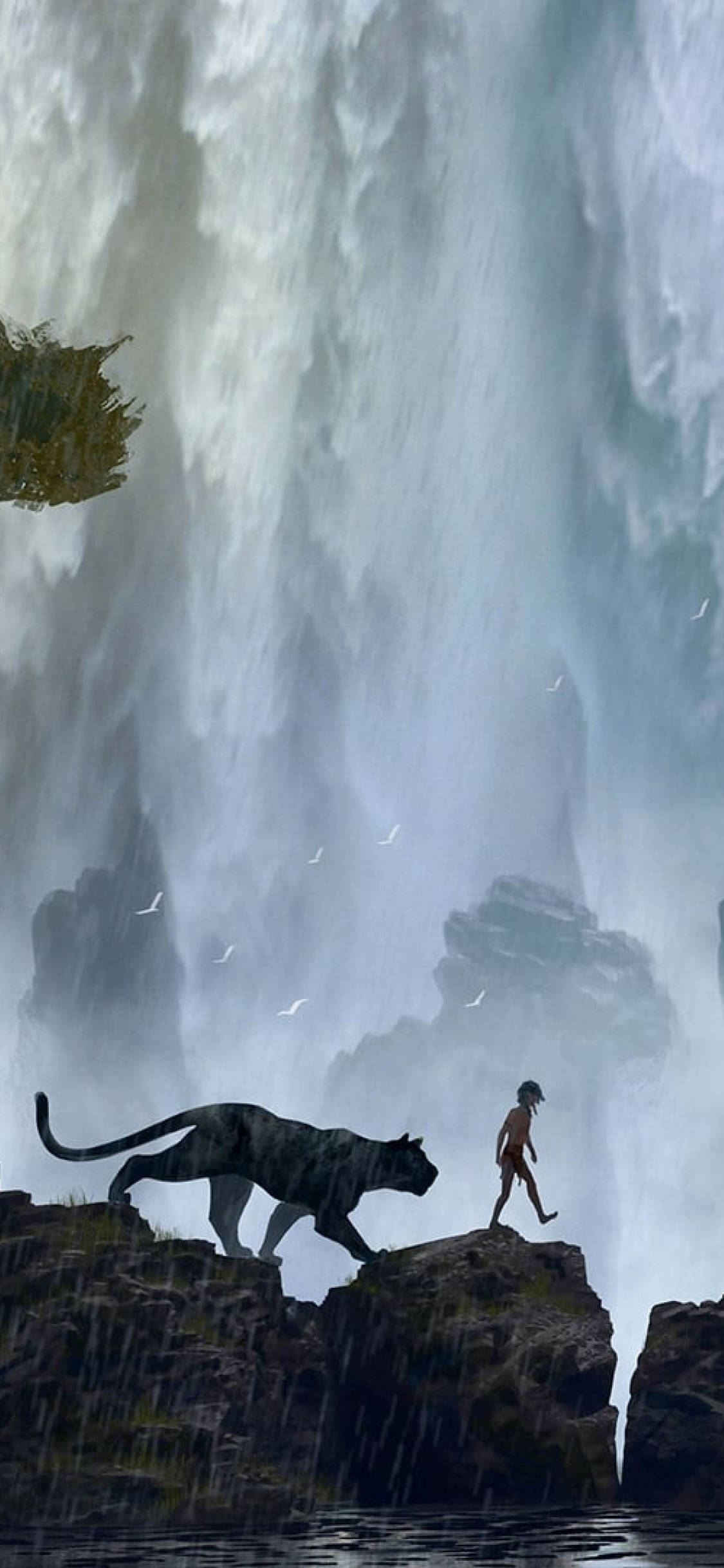 The Jungle Book, rocky waterfall, lone boy, Full HD Phone Wallpaper