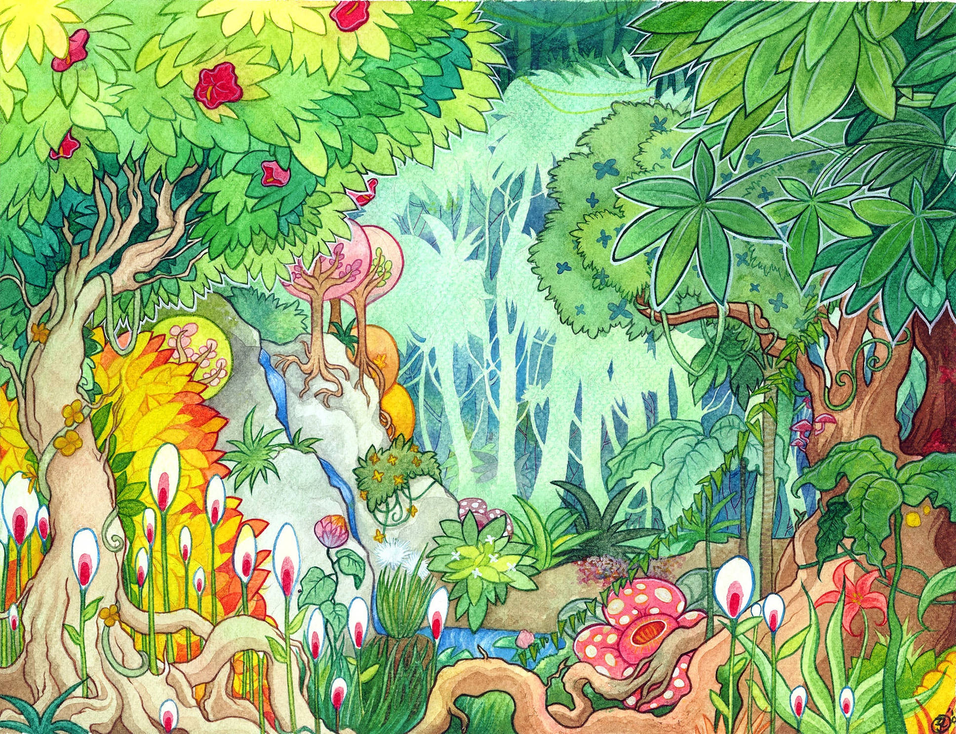 The Jungle Book, watercolor, jungle scene, Full HD Desktop Wallpaper
