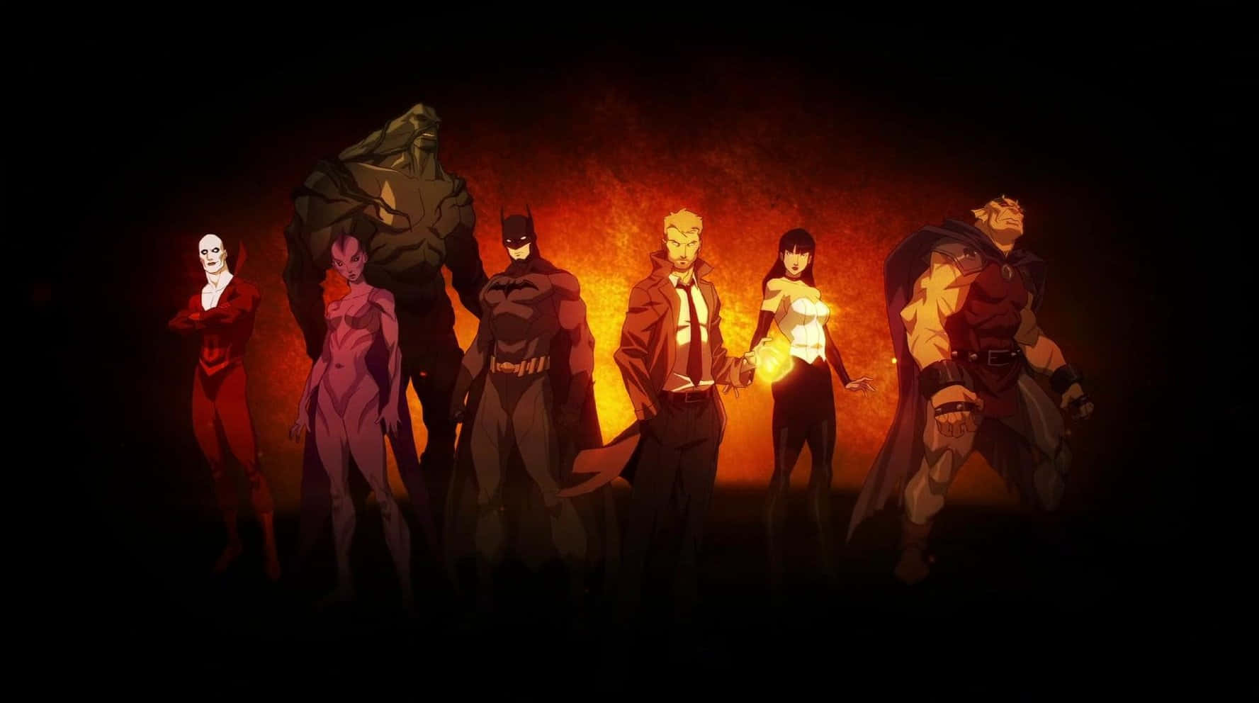 The Justice League Dark, Seven darkly stylized superheroes, fiery orange backdrop, HD Desktop Wallpaper