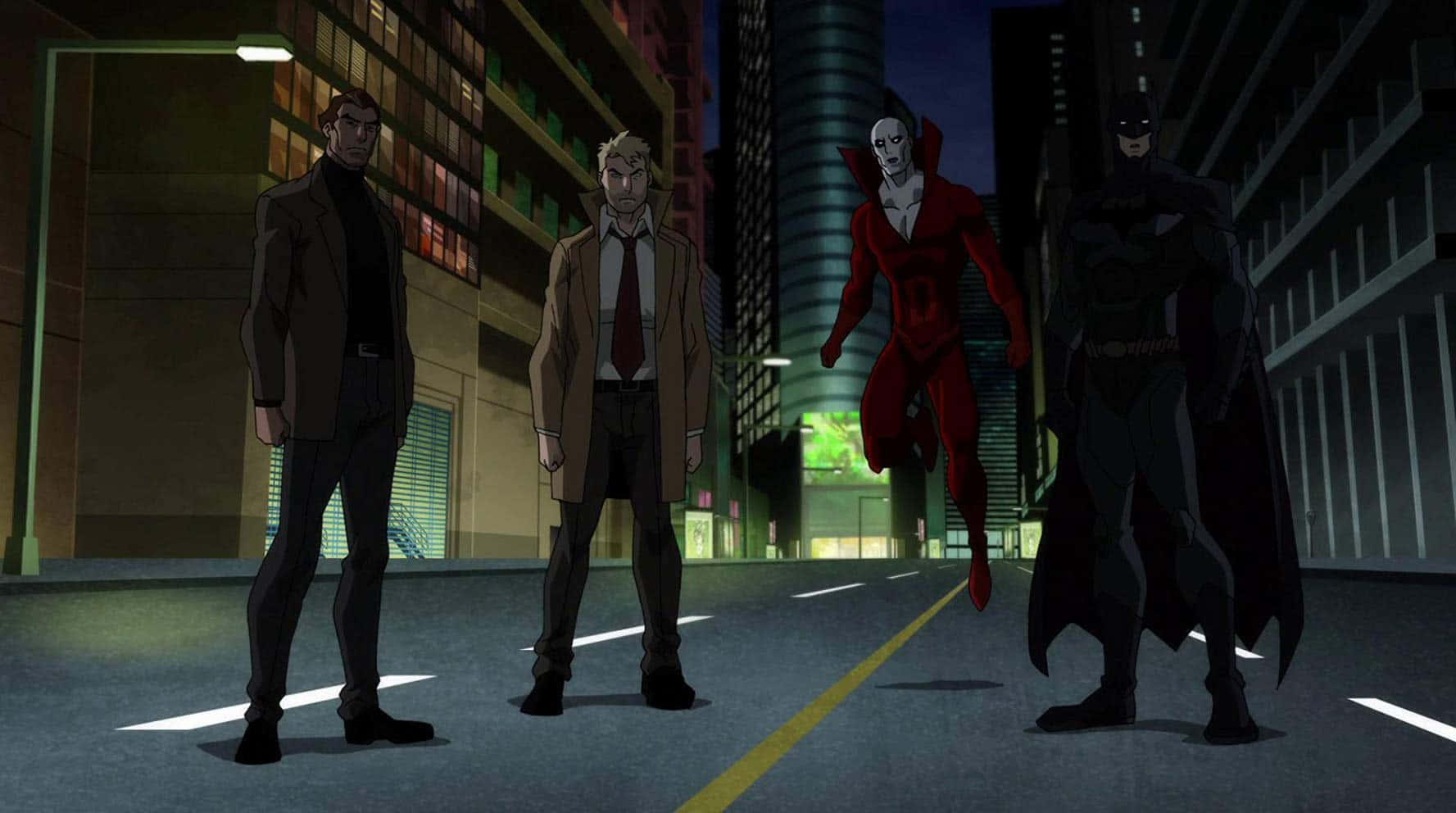 The Justice League Dark, neon-lit urban street, night, HD Desktop Wallpaper