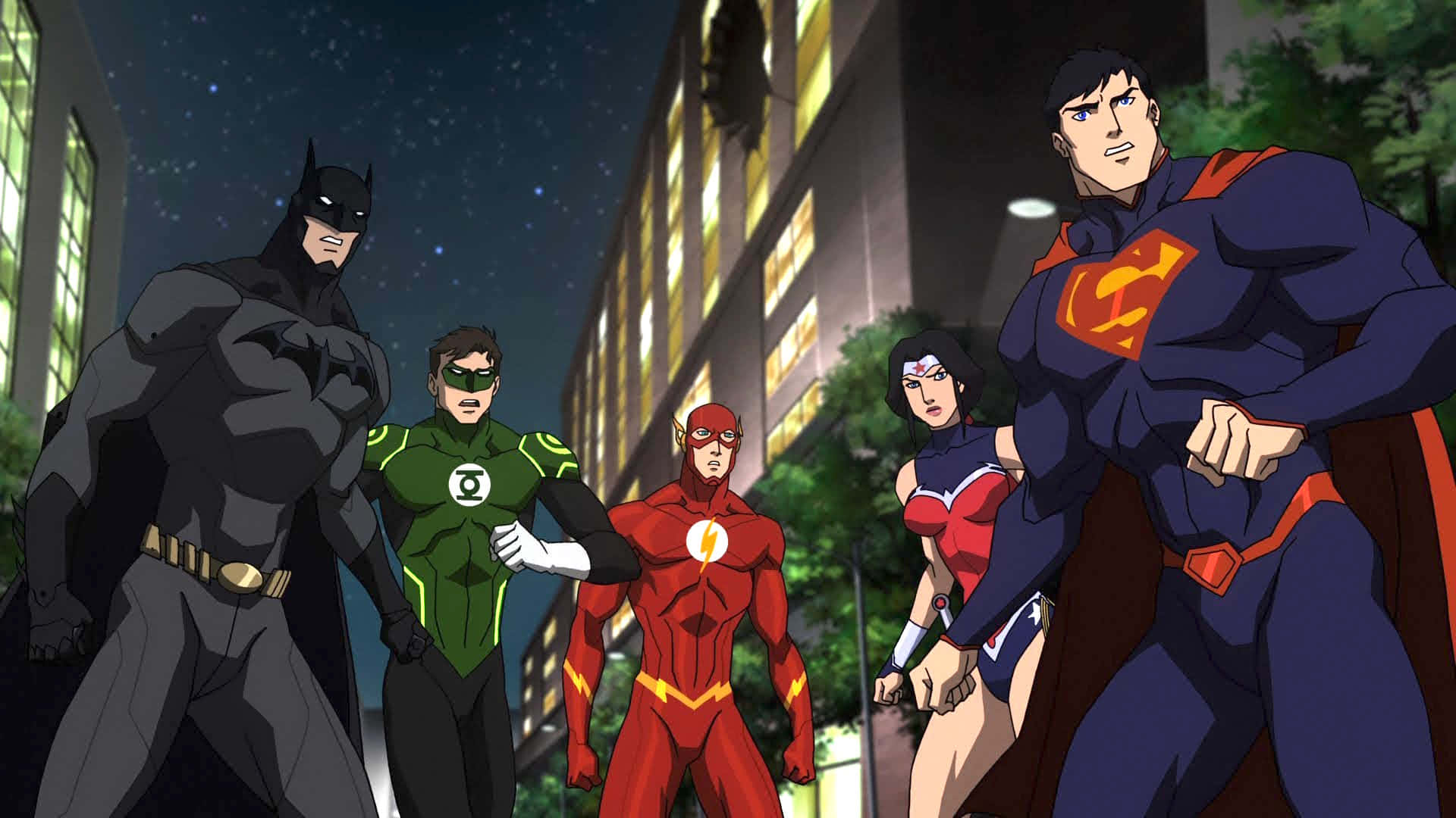 Justice League, city street, night, Full HD Desktop Wallpaper
