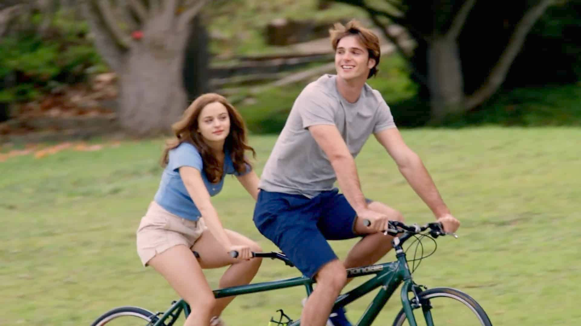 The Kissing Booth, tandem bicycle, sunlit grassy park, Full HD Desktop Wallpaper