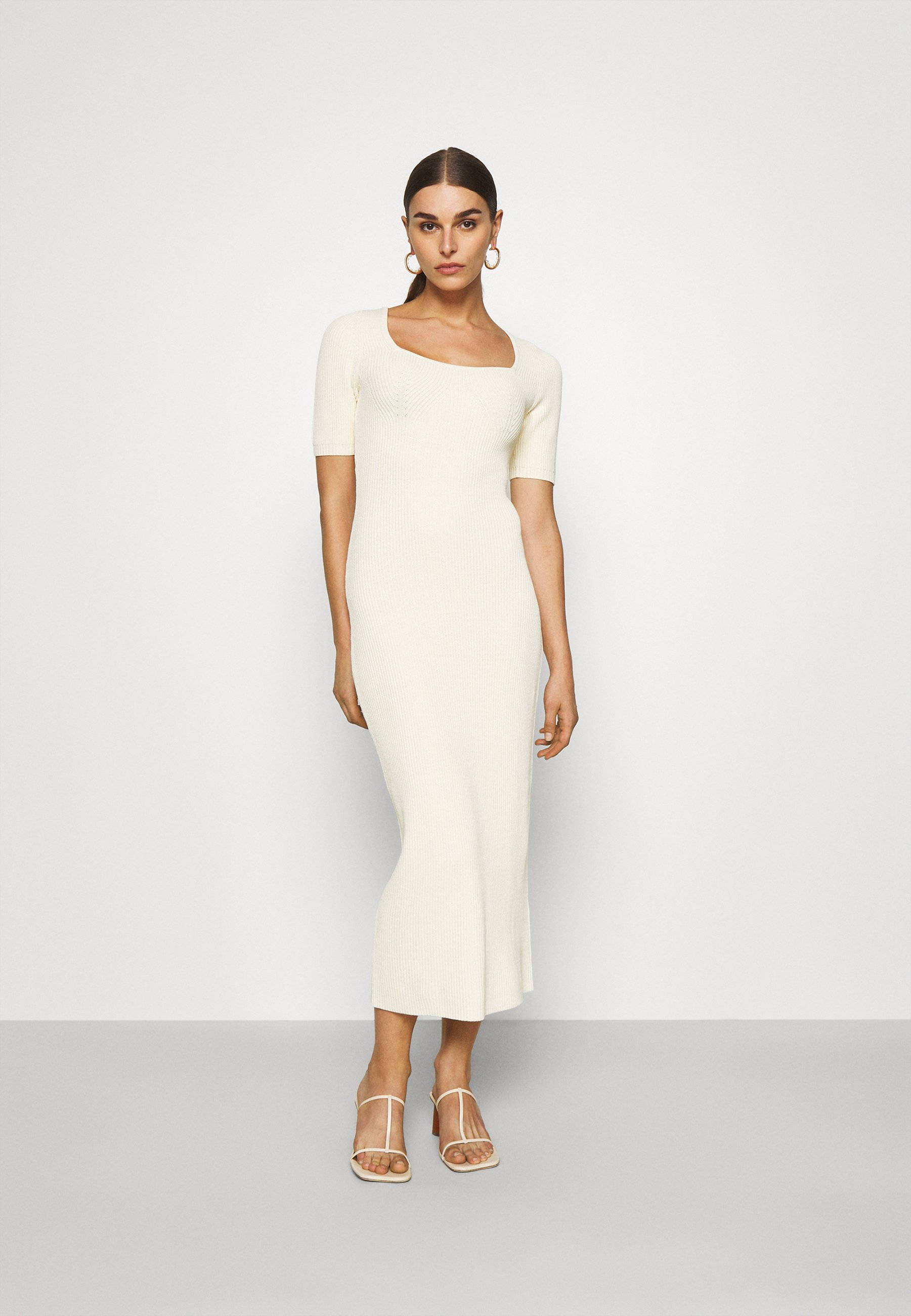 The Kooples, beige dress, cream knit midi dress, 2K Phone Wallpaper