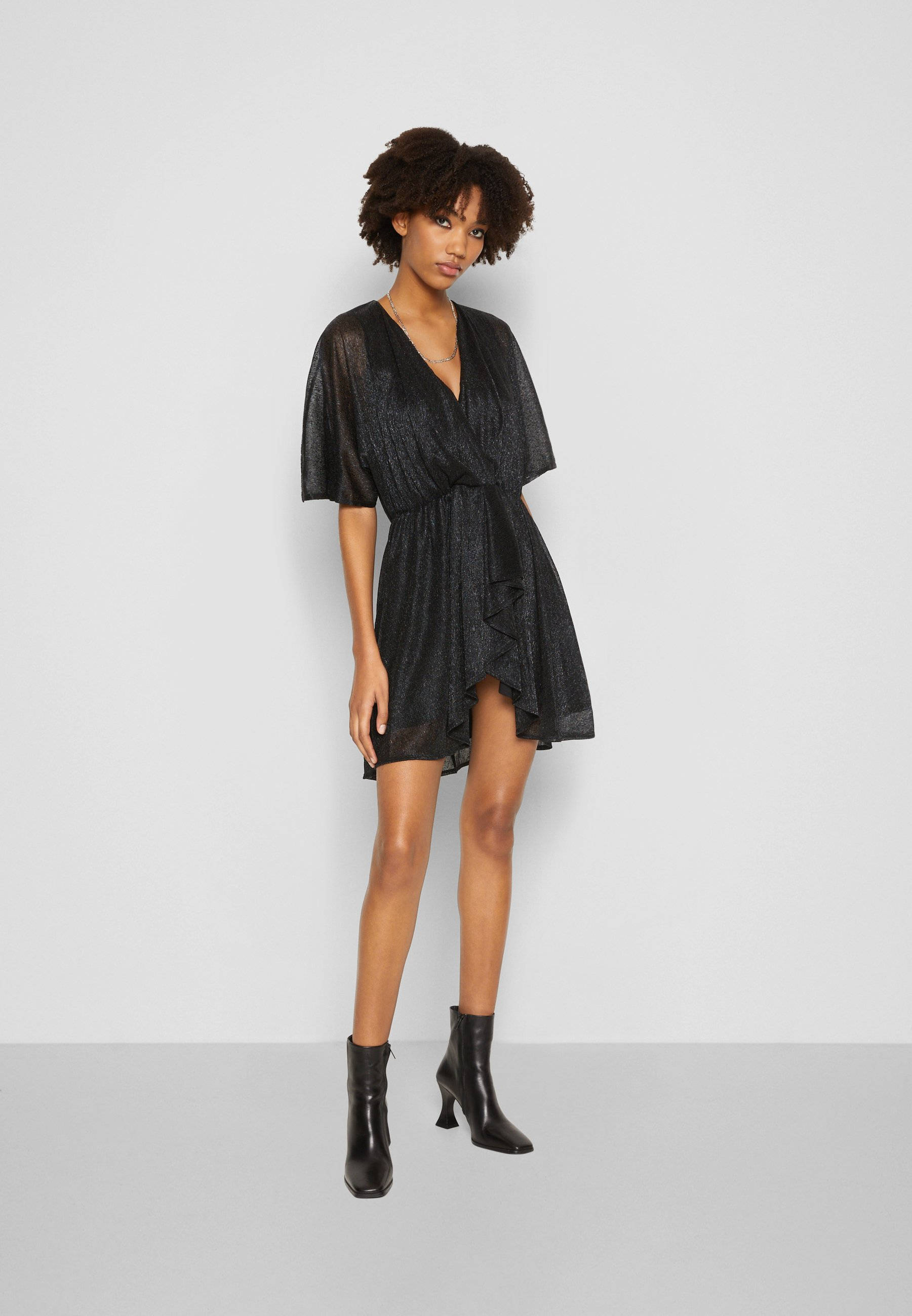 The Kooples, metallic midi dress, black textured dress, 2K Phone Wallpaper