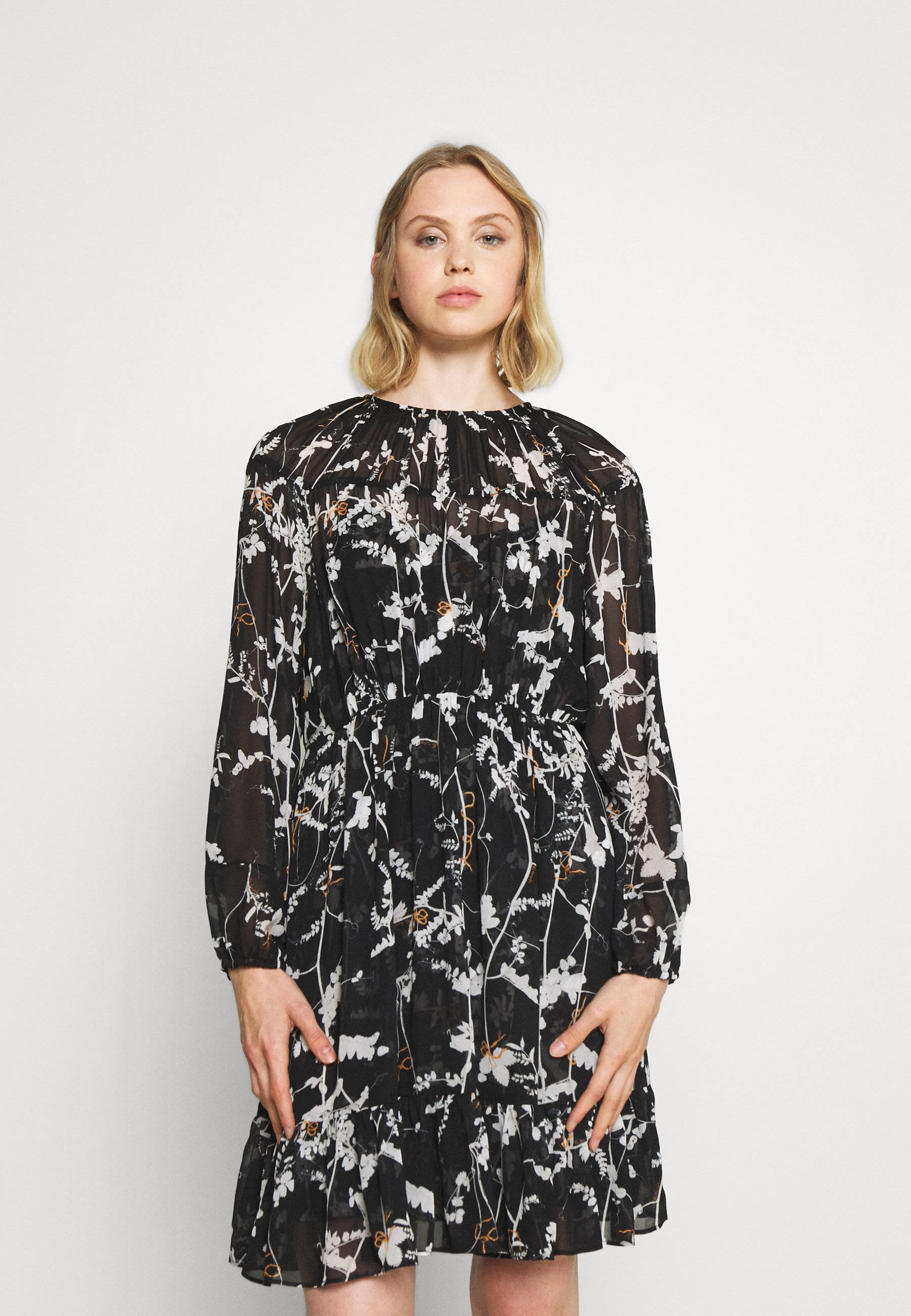 The Kooples, crepe mini dress, black floral dress, 2K Phone Wallpaper