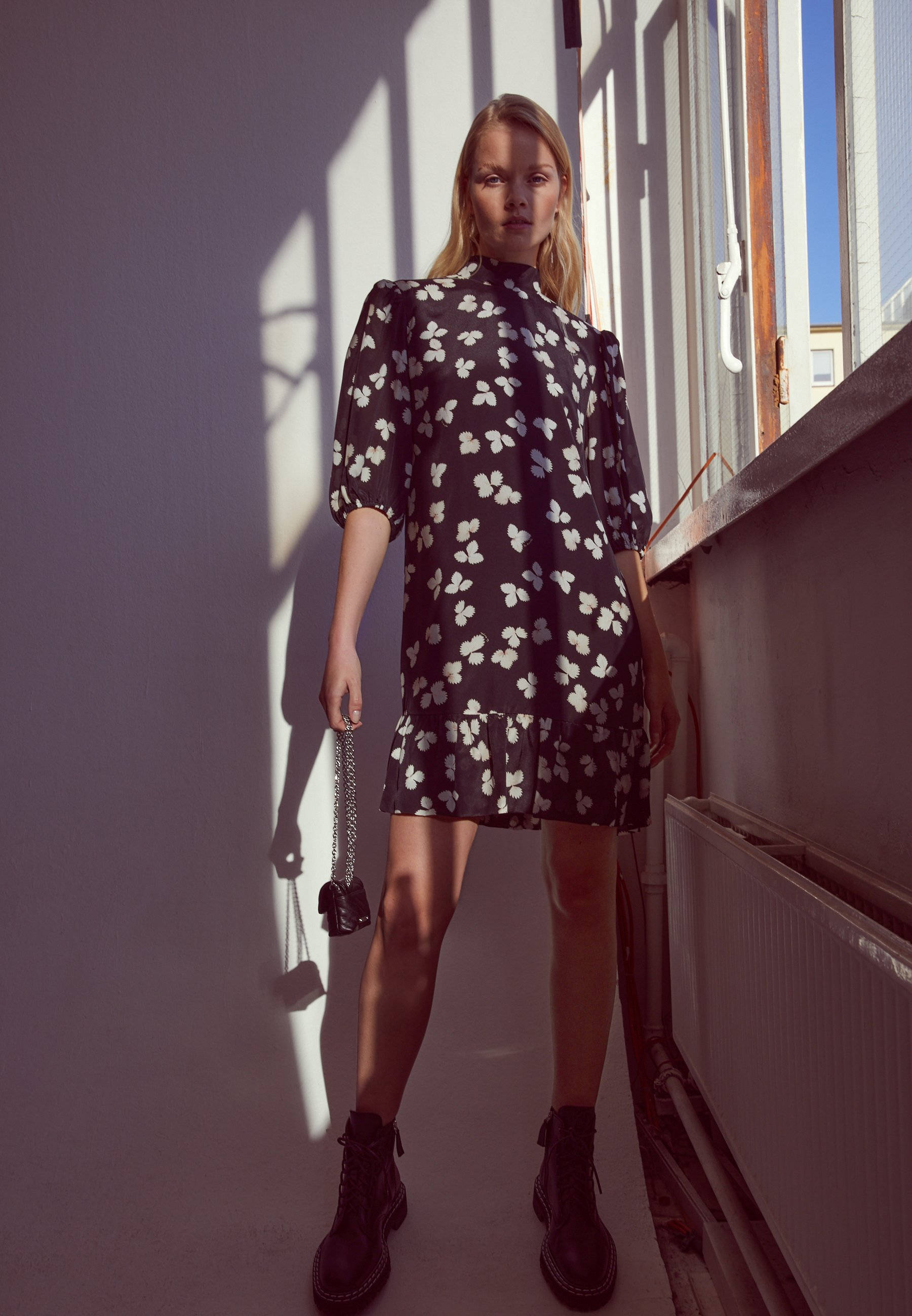 The Kooples, turtle neck, black floral dress, 2K Phone Wallpaper