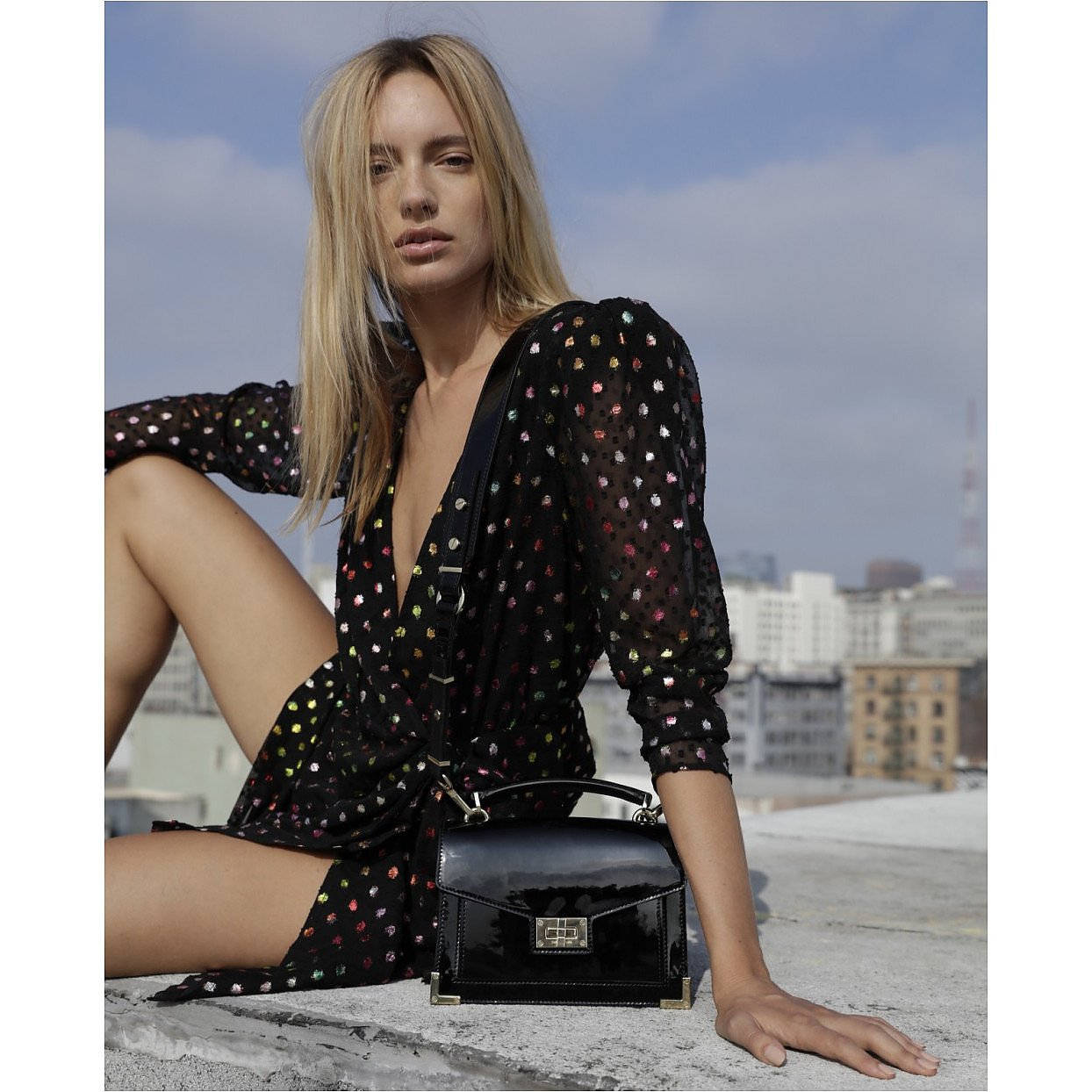 The Kooples, satin ruffle wrap, black floral dress, SD Desktop Wallpaper